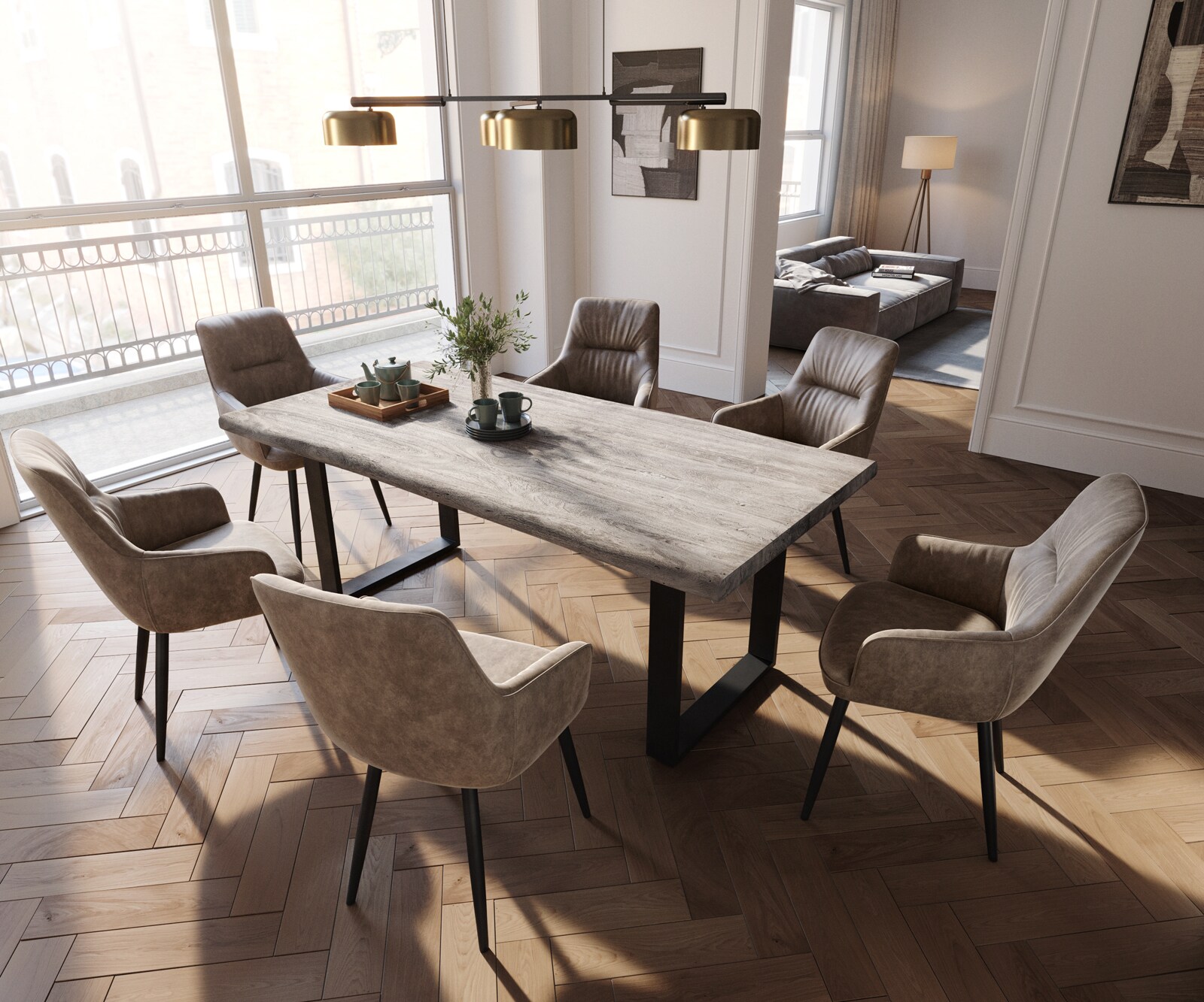 Chaise-de-salle-à-manger Zelia-Flex avec accoudoirs microvelours taupe vintage 4 pieds coniques noir ressorts ensachés 4