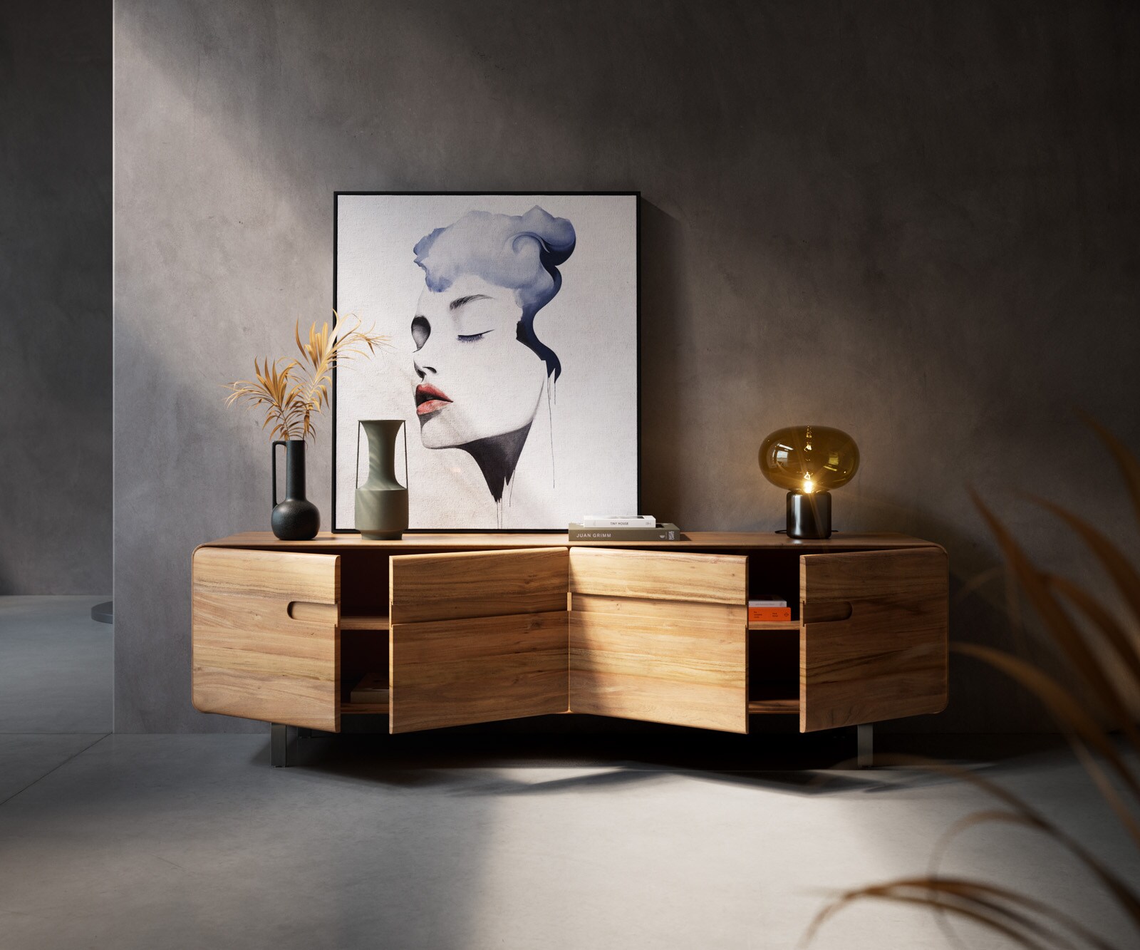 Meuble-TV Anaya 200 cm acacia naturel 4 portes pied en L inoxydable 4
