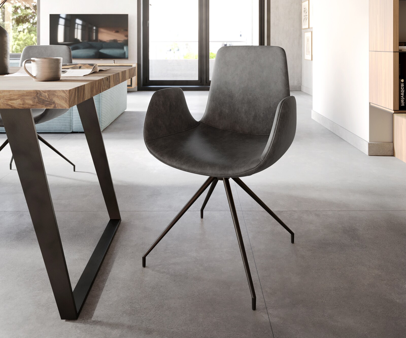 Esszimmerstuhl Ilia-Flex mit Armlehnen Mikrofaser Anthrazit Vintage Kreuzgestell konisch Schwarz Esszimmerstuhl Ilia-Flex mit Armlehnen Mikrofaser Anthrazit Vintage Kreuzgestell konisch Schwarz