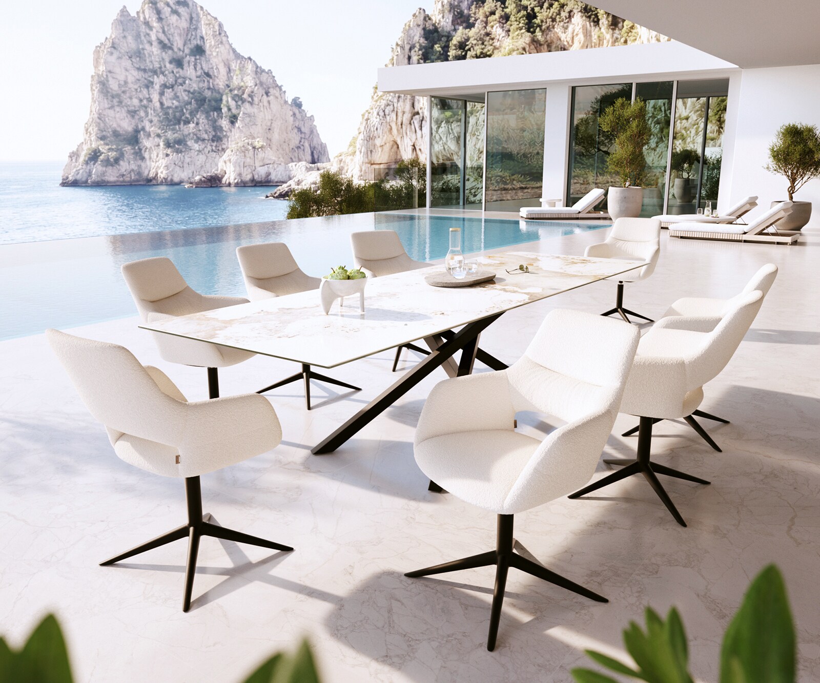 Chaise-d'extérieur Yago-Flex avec accoudoirs bouclé blanc pied de chaise 4 branches noir pivotement sur 360° fonction bascule 3