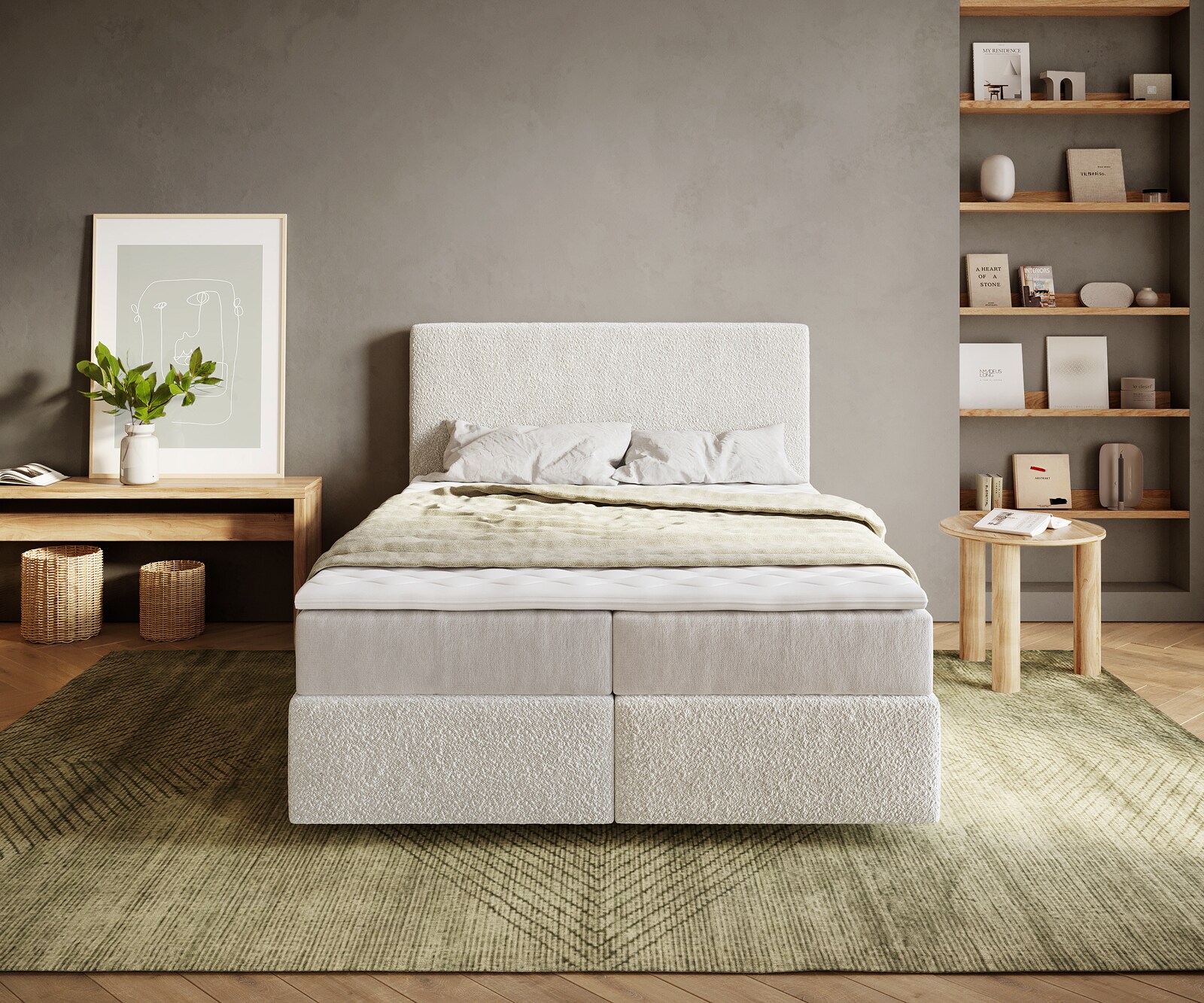 Lit-à-sommier-tapissier Dream-Well Bouclé Crème-Blanc 140x200 cm avec matelas à ressorts ensachés et surmatelas Visco 1