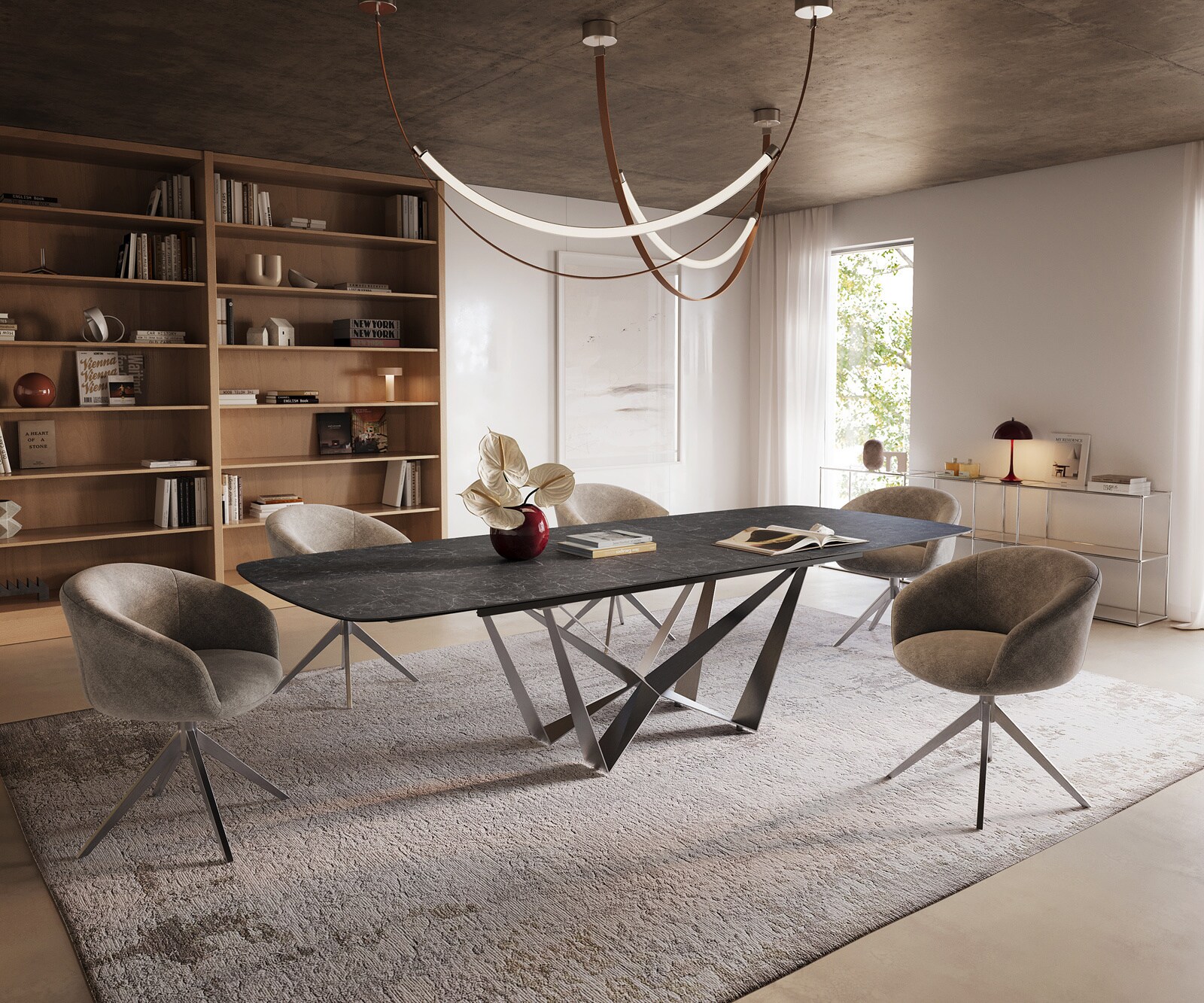 Esstisch Edge Boot 240-300x120 cm Keramik Laminam® Nero Greco Anthrazit Spider Flachstahl Edelstahl ausziehbar 6