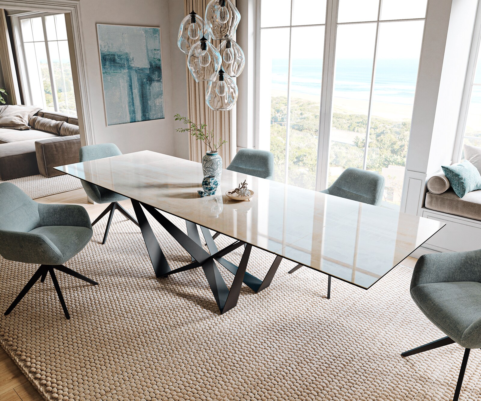 Esstisch Edge 200-300x100 cm Keramik Onyx Champagne Spider Flachstahl Schwarz ausziehbar