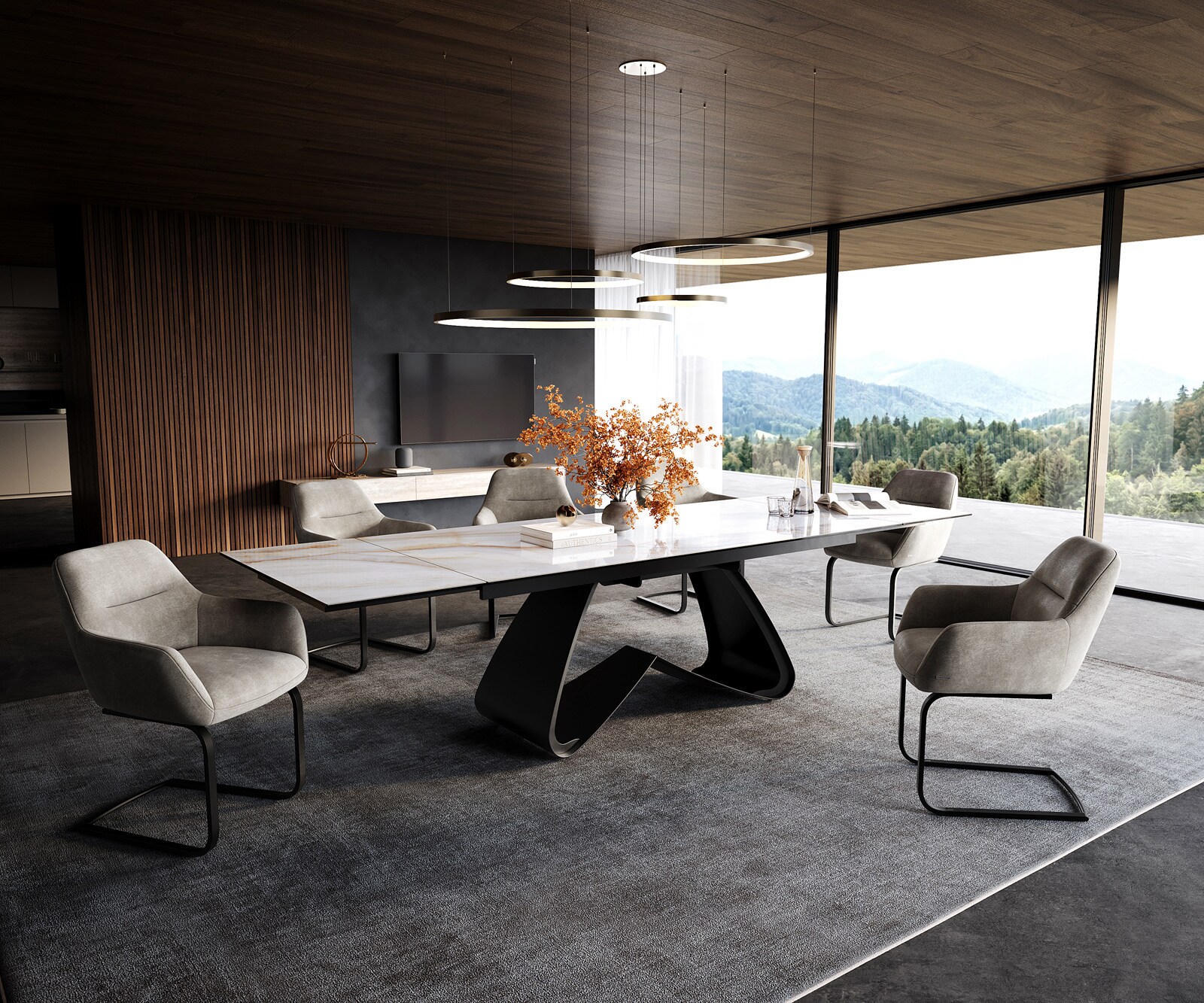 Esstisch Edge 200-300x100 cm Keramik Onyx Pearl W-Gestell Metall Schwarz ausziehbar 5