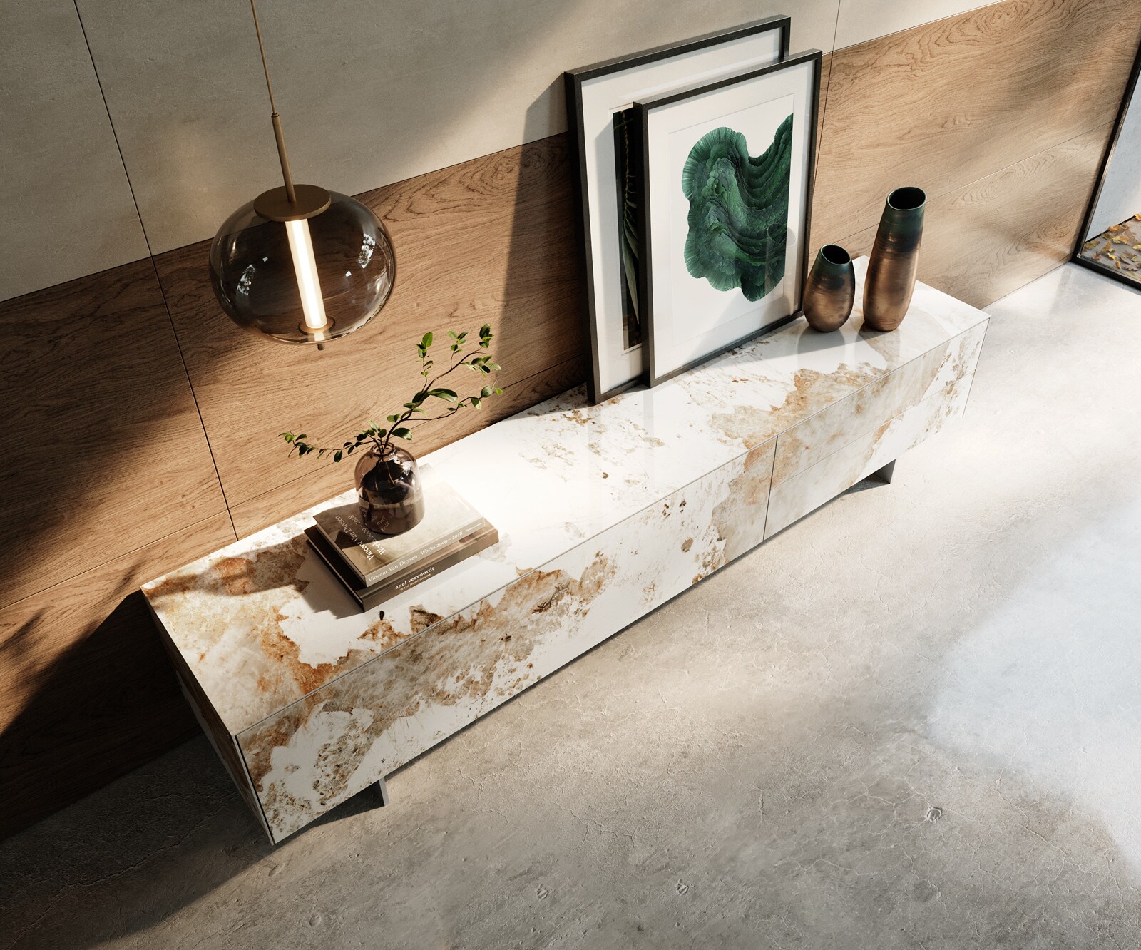 Meuble-TV Cuor 220 cm Céramique Minas Melange Blanc-beige 1 Clapet 2 Tiroirs Pied optique flottant Ancier inoxydable 4