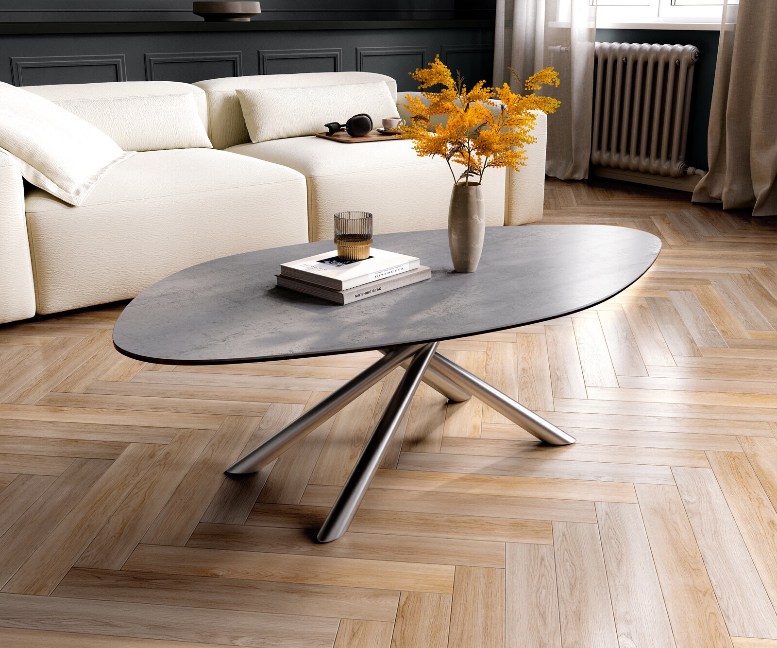 Table basse Edge organique 140x76 cm céramique béton gris Sarity acier inoxydable brossé 1