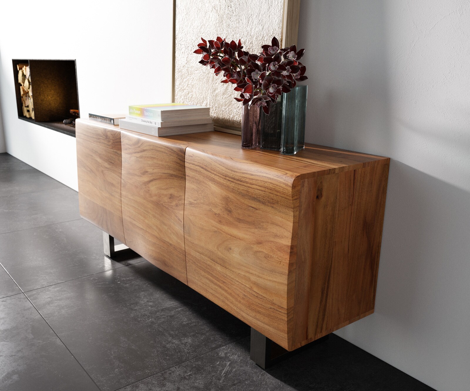 Sideboard New Live-Edge 145 cm Akazie Natur 3 Türen Kufe Edelstahl gebürstet 1