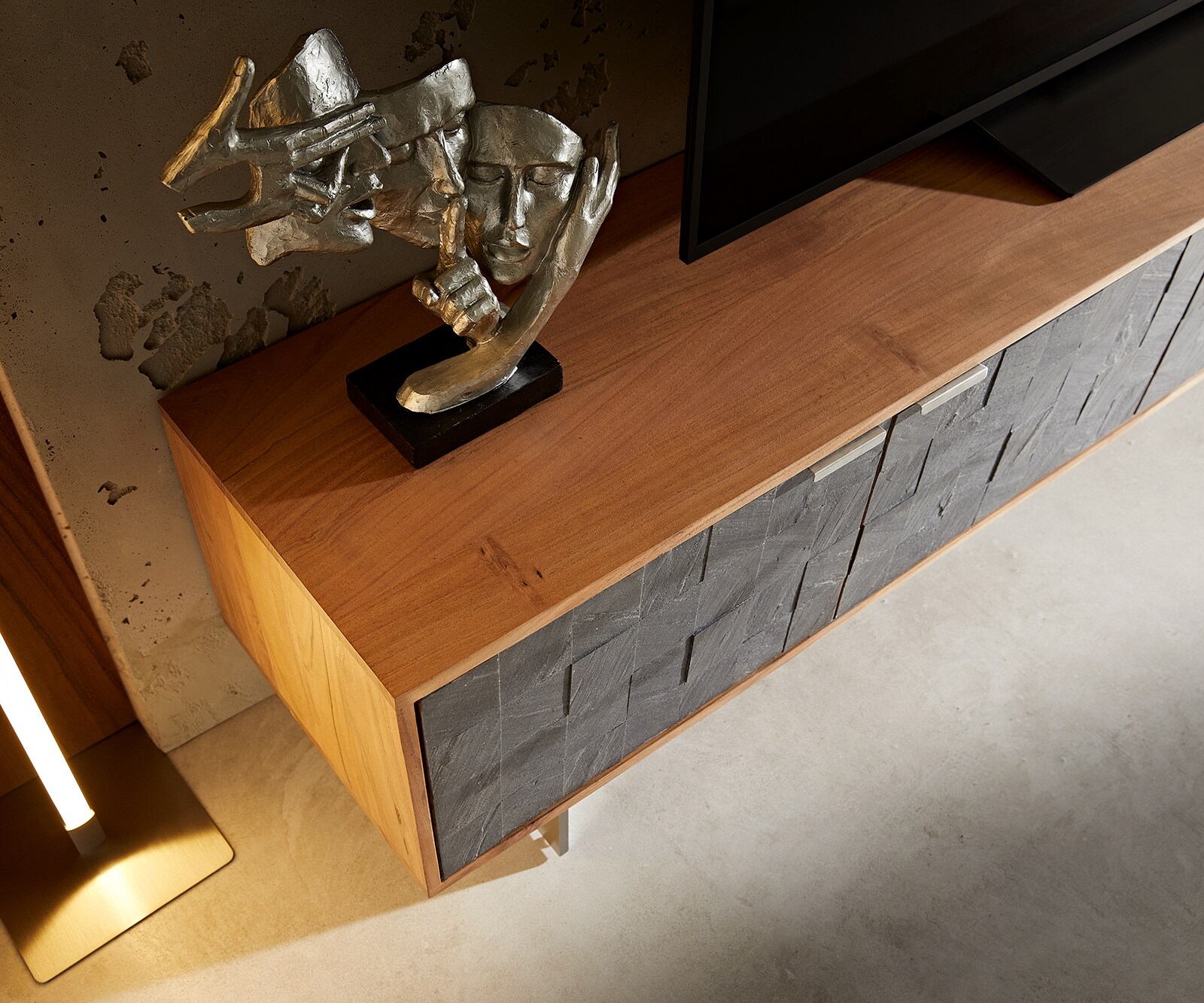 Lowboard Teele 220 cm Akazie Natur Schiefer 4 Türen Fuß schwebend Edelstahl 3 Lowboard Teele 220 cm Akazie Natur Schiefer 4 Türen Fuß schwebend Edelstahl 3