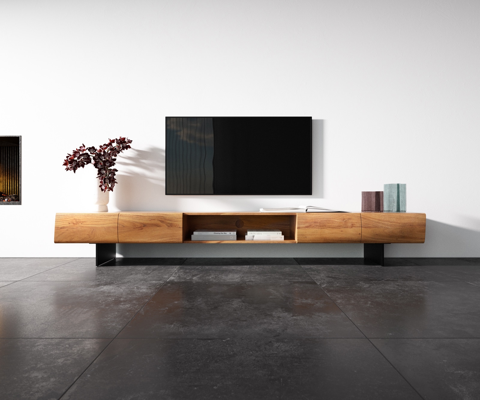 Meuble-TV New Live-Edge 240 cm acacia naturel 4 portes 1 compartiment pied flottant métal noir 3 Meuble-TV New Live-Edge 240 cm acacia naturel 4 portes 1 compartiment pied flottant métal noir 3