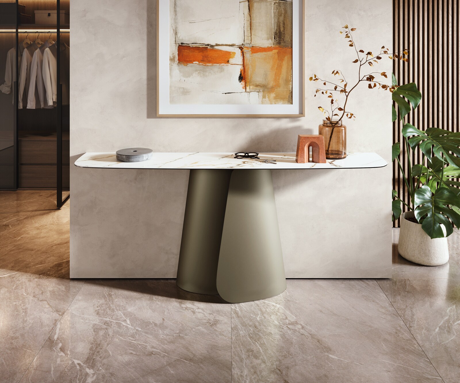 Console Edge forme bateau 180x40 cm Céramique Calacatta Luxe Weiß-Gold-Gris Livos Métal Effektfinish Titan
