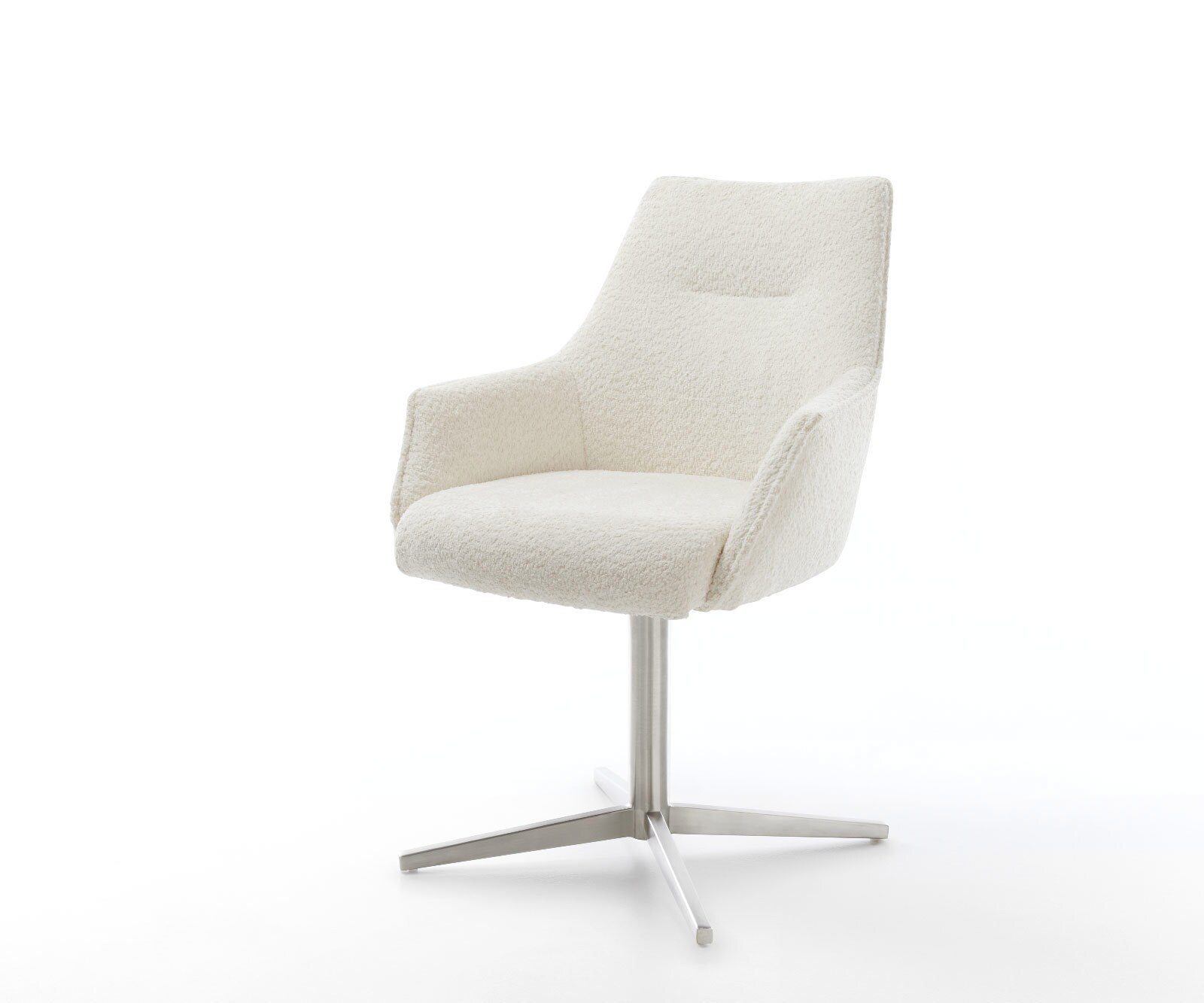 Chaise-pivotante Alja-Flex avec accoudoirs bouclé blanc pied de chaise 4 branches acier inoxydable brossé pivotement sur 360° ressorts ensachés Chaise-pivotante Alja-Flex avec accoudoirs bouclé blanc pied de chaise 4 branches acier inoxydable brossé pivotement sur 360° ressorts ensachés