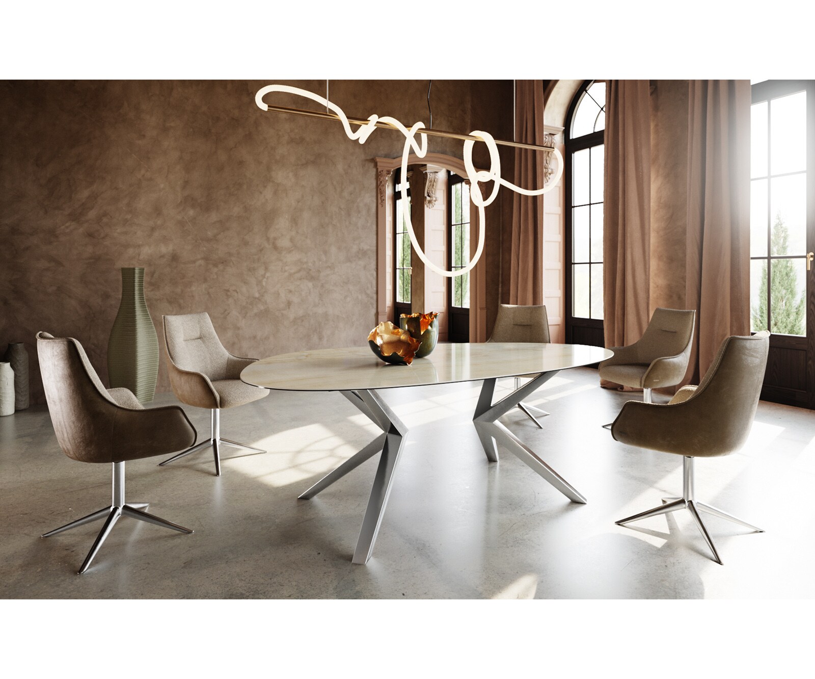 Esstisch Edge Oval 220x120 Keramik Iris FMG Onice Oro Zenthara kantig Edelstahl 5