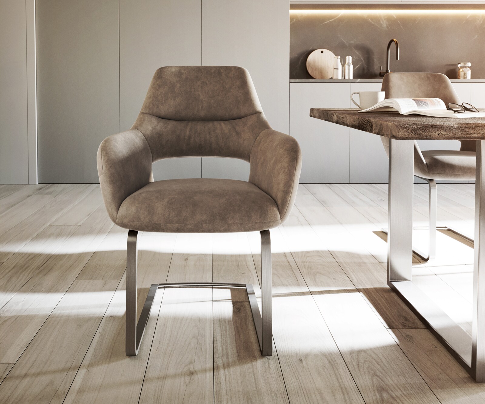 Cantilever Yago-Flex avec accoudoirs microvelours taupe vintage pied cantilever plat acier inoxydable brossé ressorts ensachés 1