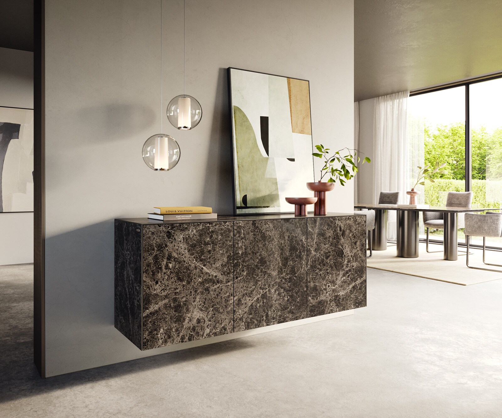 Sideboard Cuor 150 cm Keramik Laminam® Emperador Extra Lucidato Dunkelbraun 3 Türen Schwebend