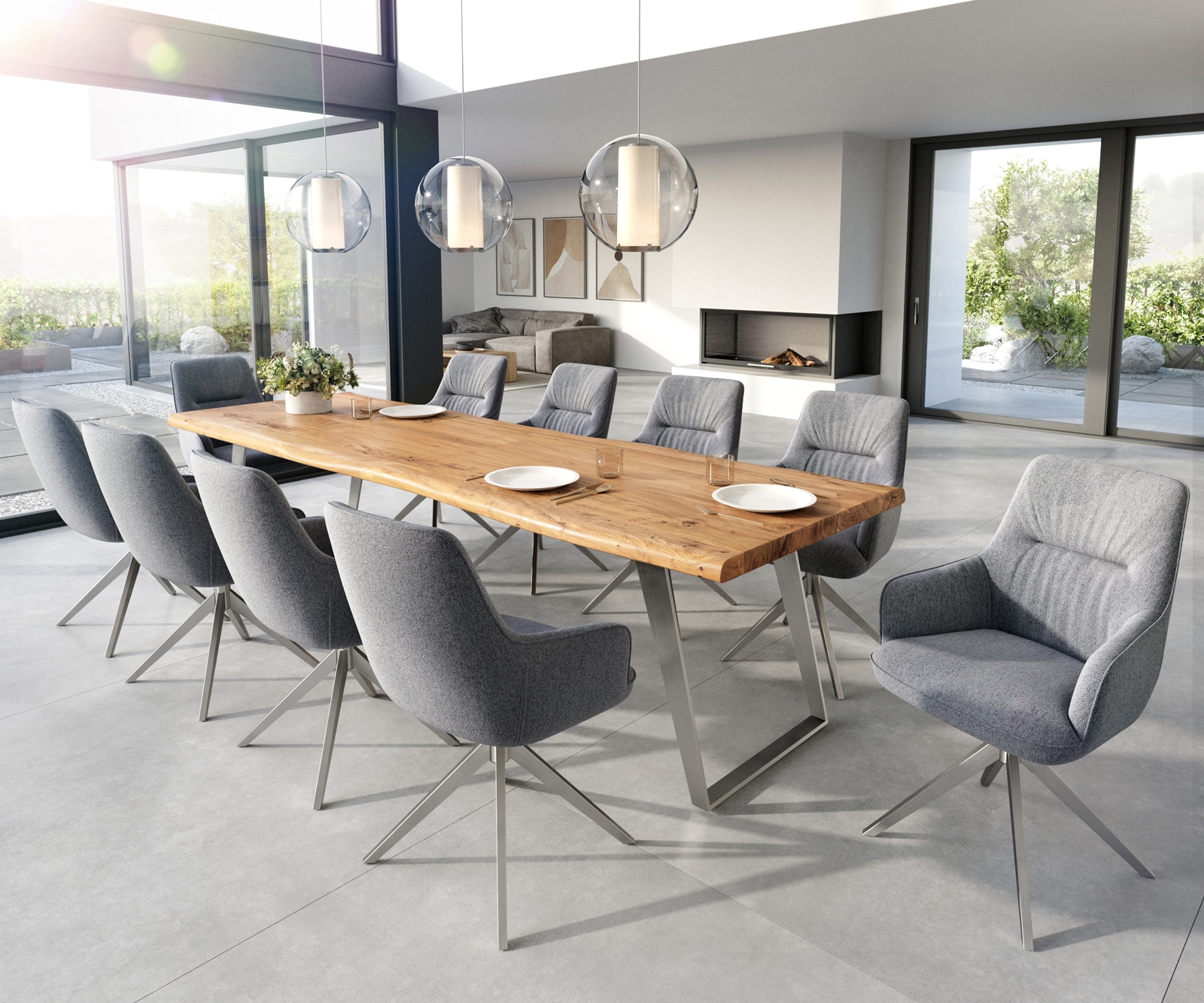 Esszimmerstuhl Zelia-Flex mit Armlehnen Strukturstoff Hellgrau Kreuzgestell breit Edelstahl Taschenfederkern 3 Esszimmerstuhl Zelia-Flex mit Armlehnen Strukturstoff Hellgrau Kreuzgestell breit Edelstahl Taschenfederkern 3