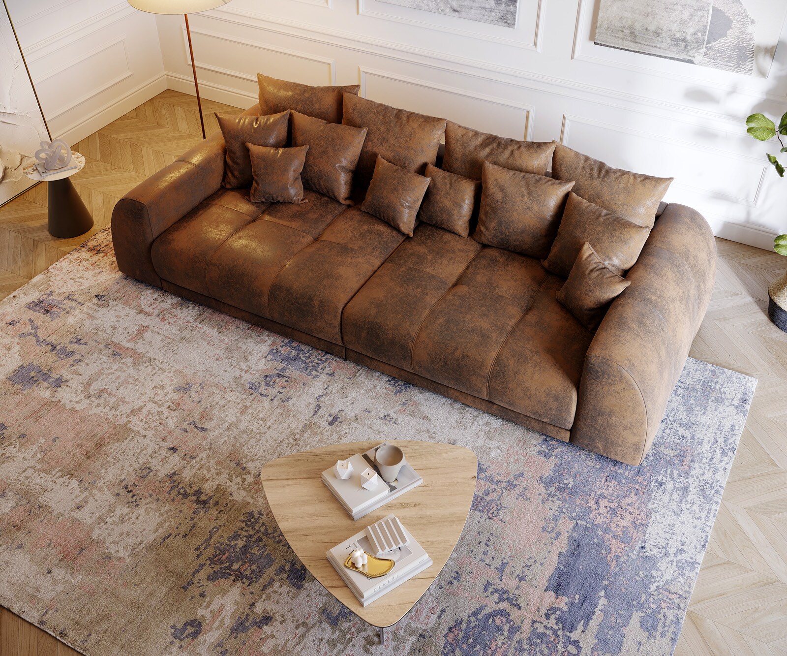 Big-Sofa Violetta 310x135 cm Braun Antik Optik mit Kissen 3