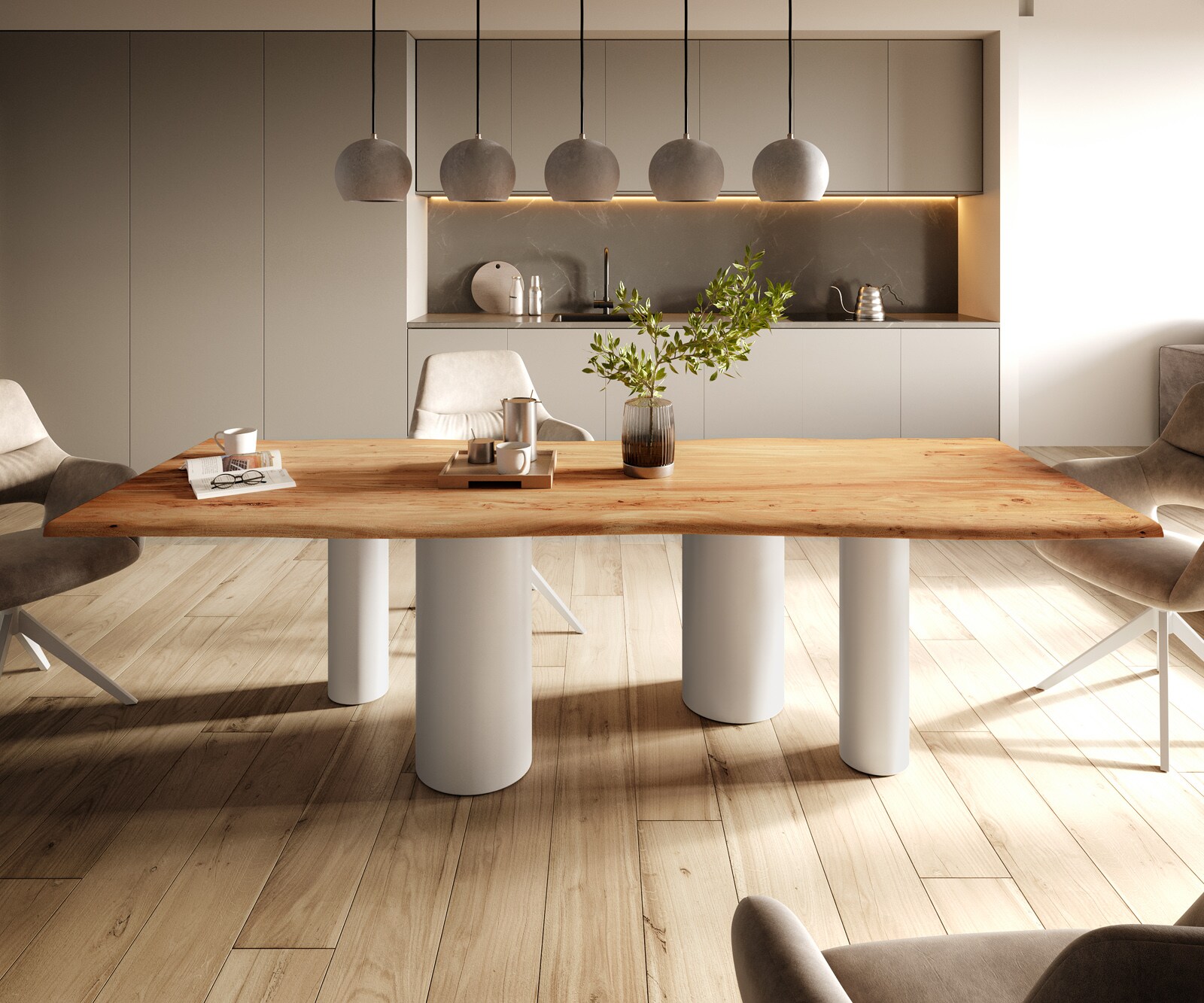 Table à manger Edge 260x100 Acacia Nature Pilier Métal Blanc Live-Edge 1