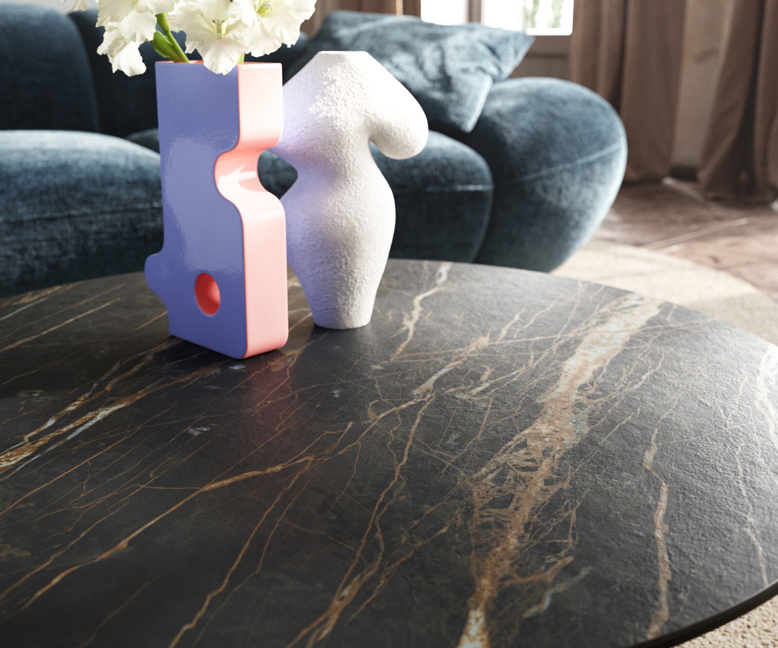 Table basse Edge rond 90x90 cm céramique Laminam® Noir Desir brun Conis argent métallique 7