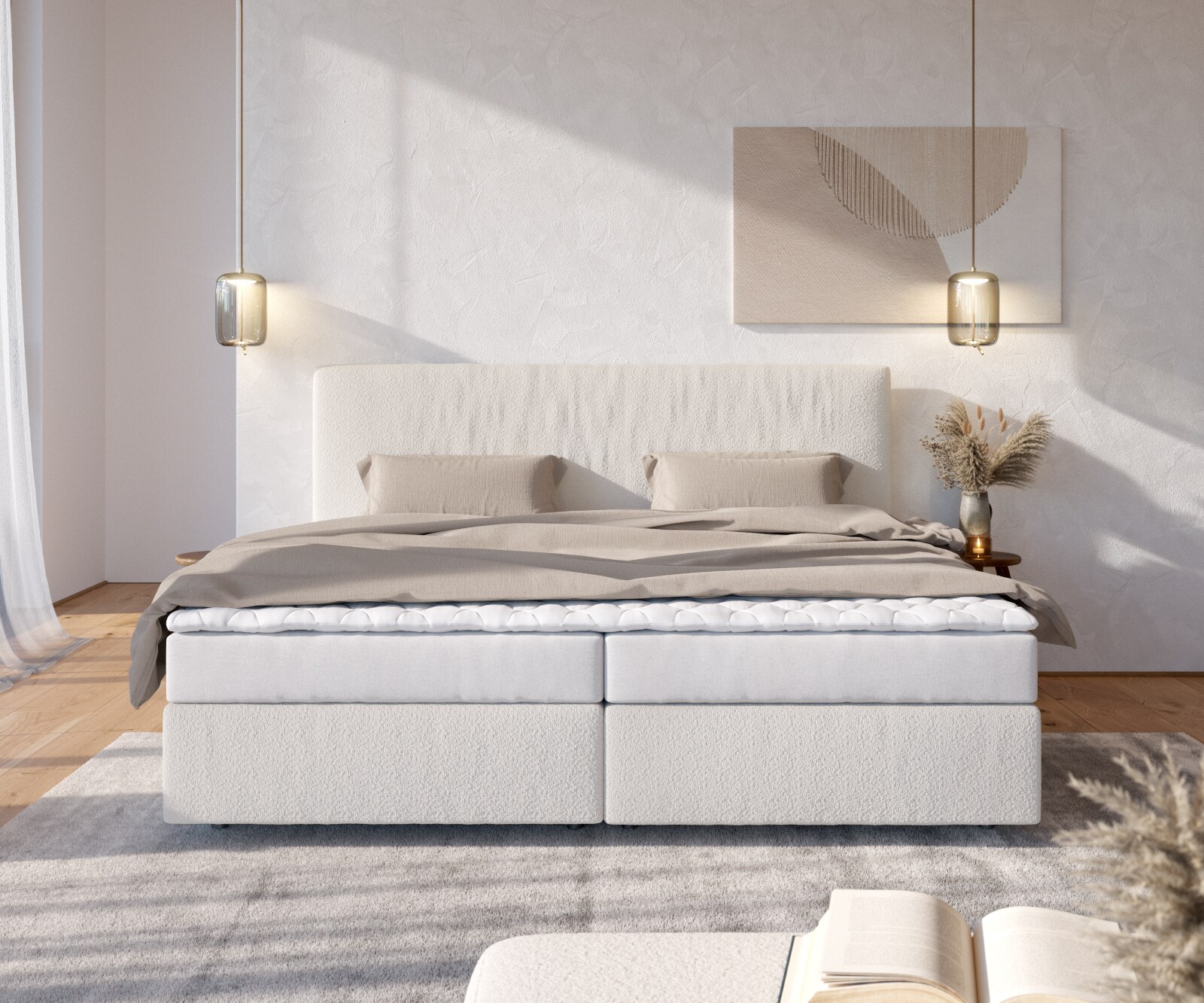 Lit-à-sommier-tapissier Dream-Well Bouclé Crème-Blanc 200x200 cm Matelas Bonell Surmatelas  PU 1