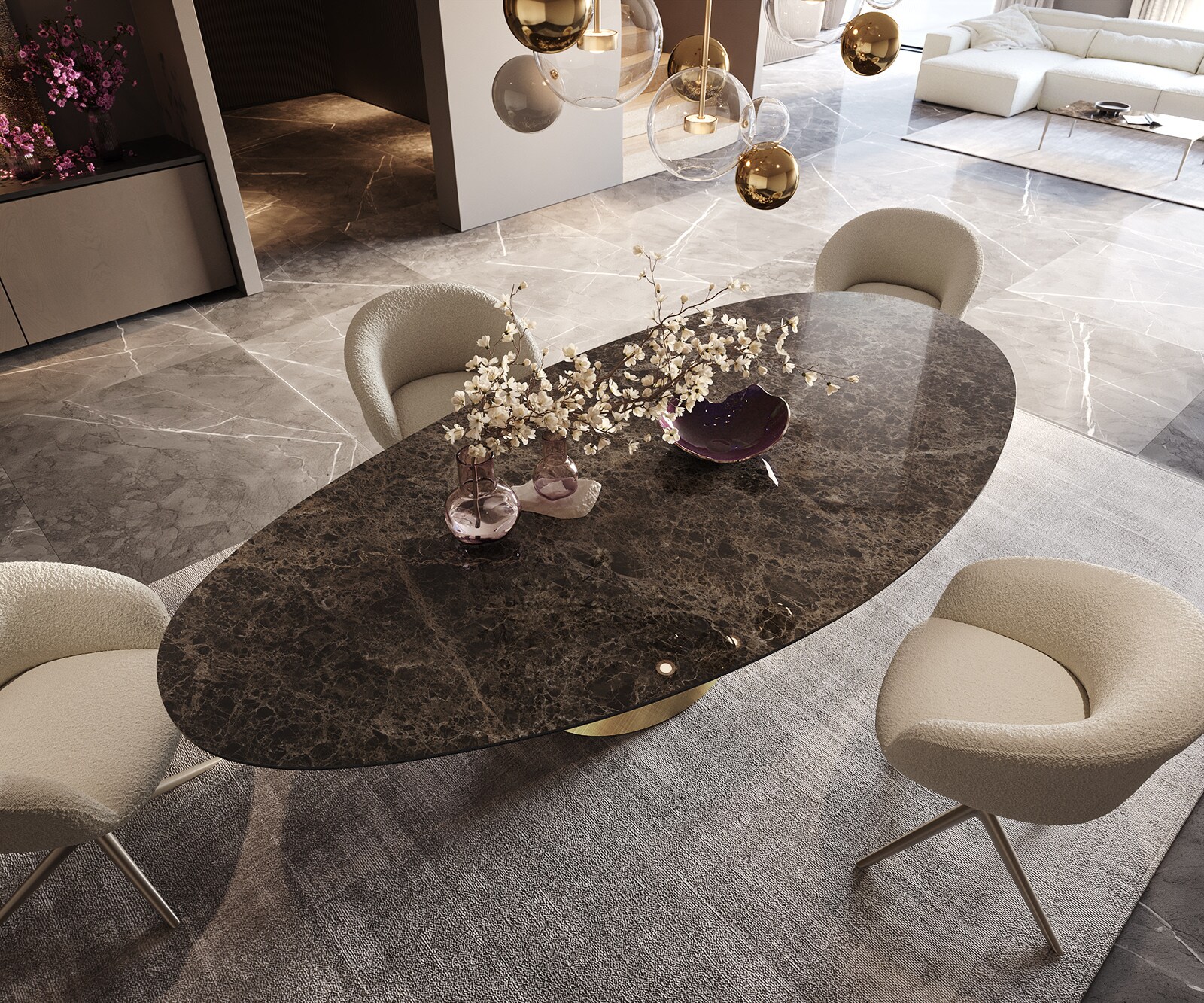 Table de salle à manger Edge Ovale Céramique Emperador Extra Lucidato Brun foncé 280x130 Cono Métallique Or 3