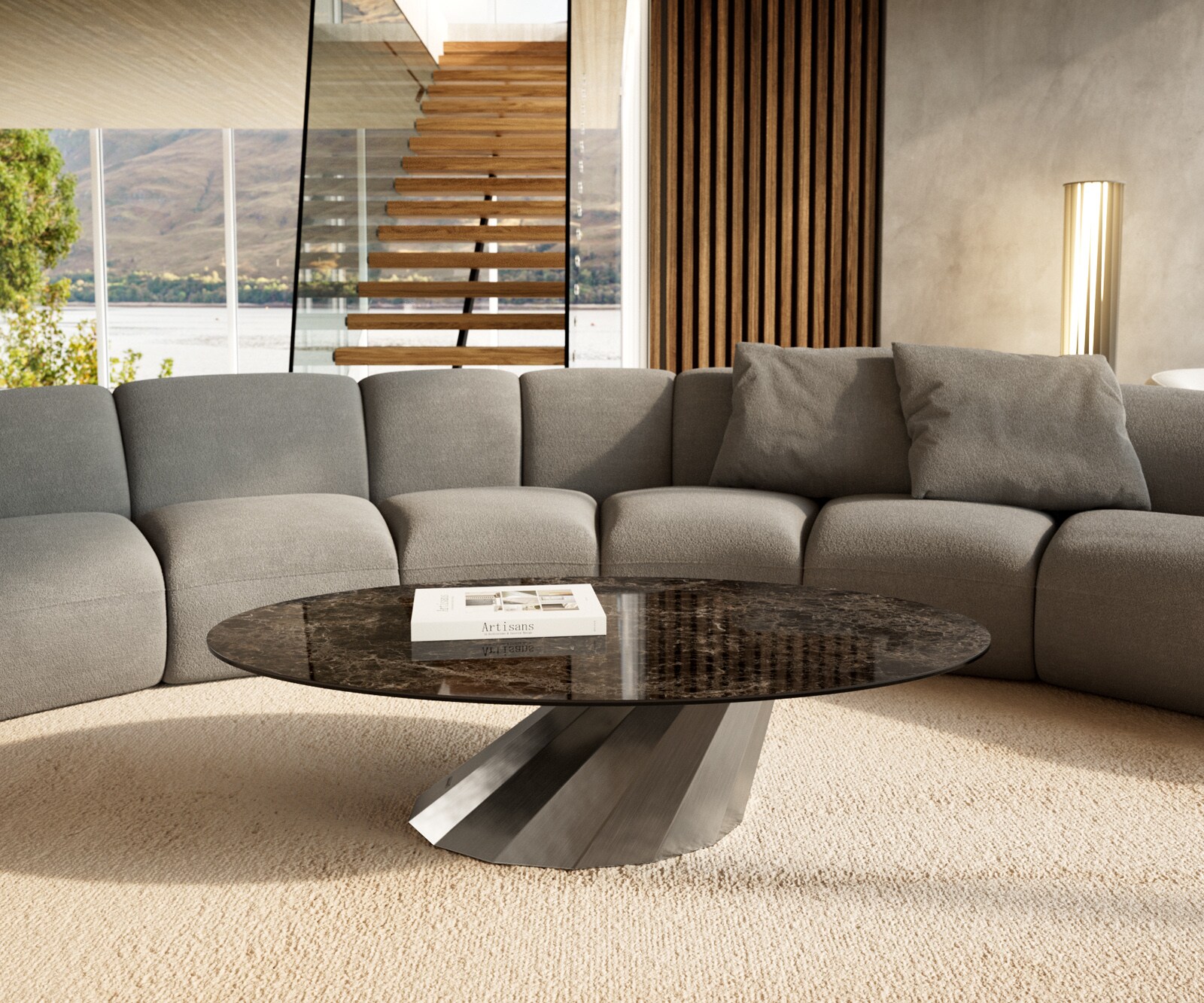 Table basse Edge Oval 140x80 cm céramique Laminam® Emperador Extra Lucidato brun foncé Parabi acier inoxydable brossé 1