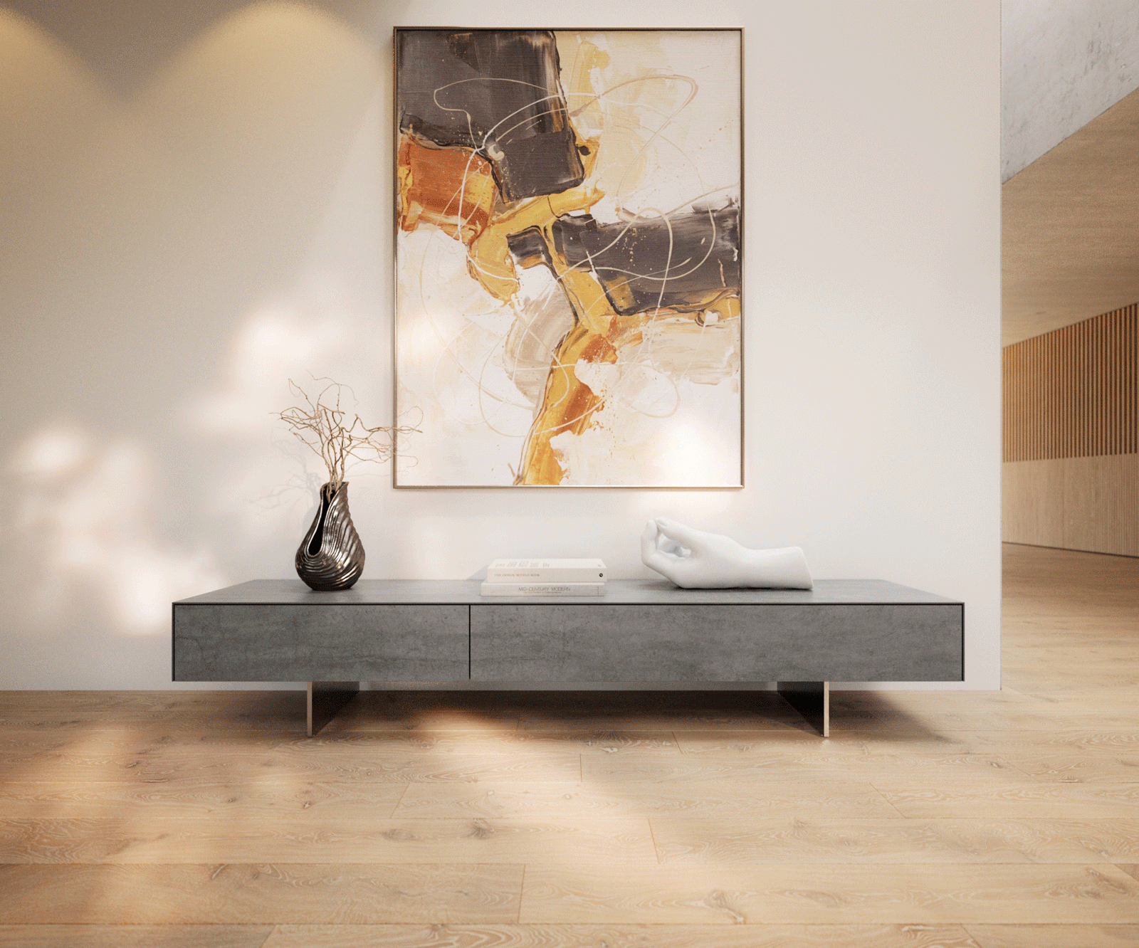 Meuble-TV Cuor 200 cm Céramique Béton gris 1 Clapet 1 Tiroir Pied optique flottant Ancier inoxydable 2