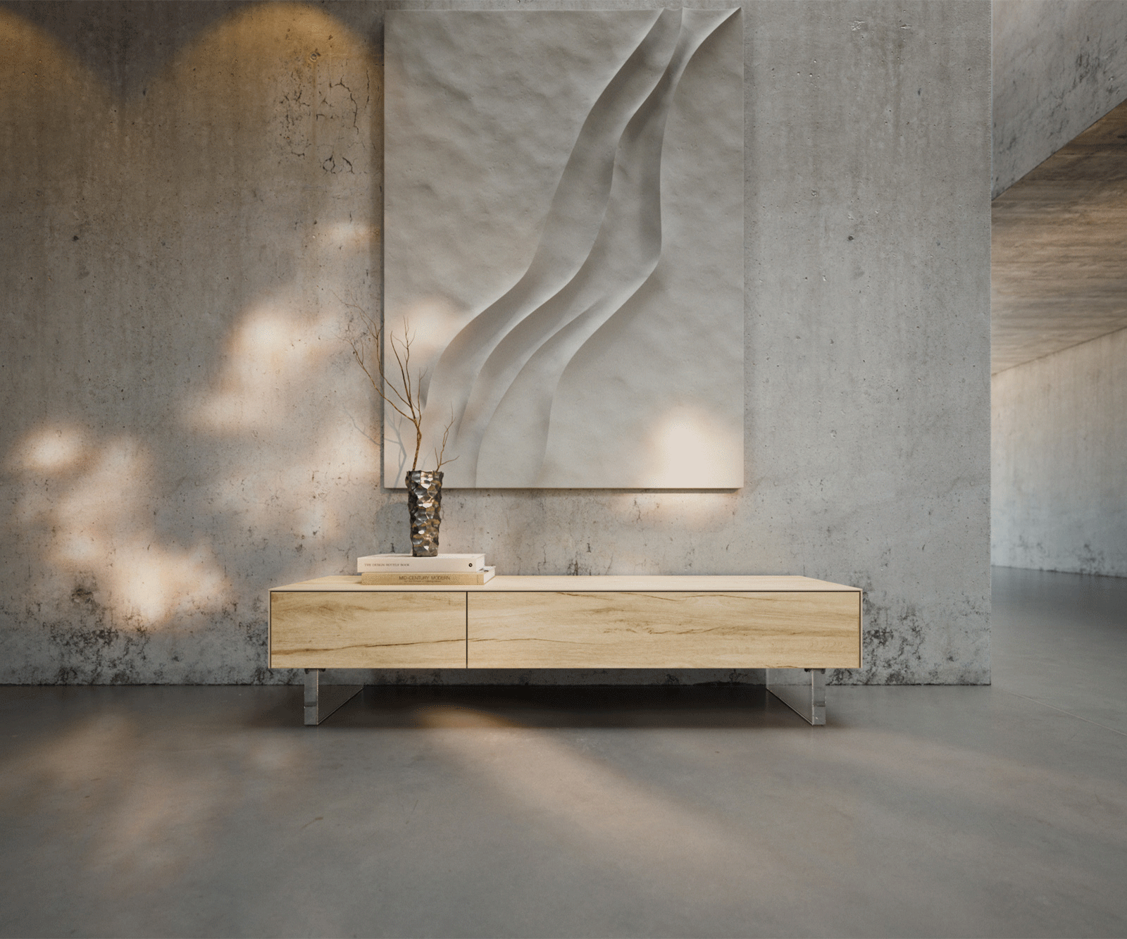 Meuble-TV Cuor 150 cm Céramique Laminam® Sabbia Teinte chêne 1 Clapet 1 Tiroir Pied optique flottant Verre acrylique 1