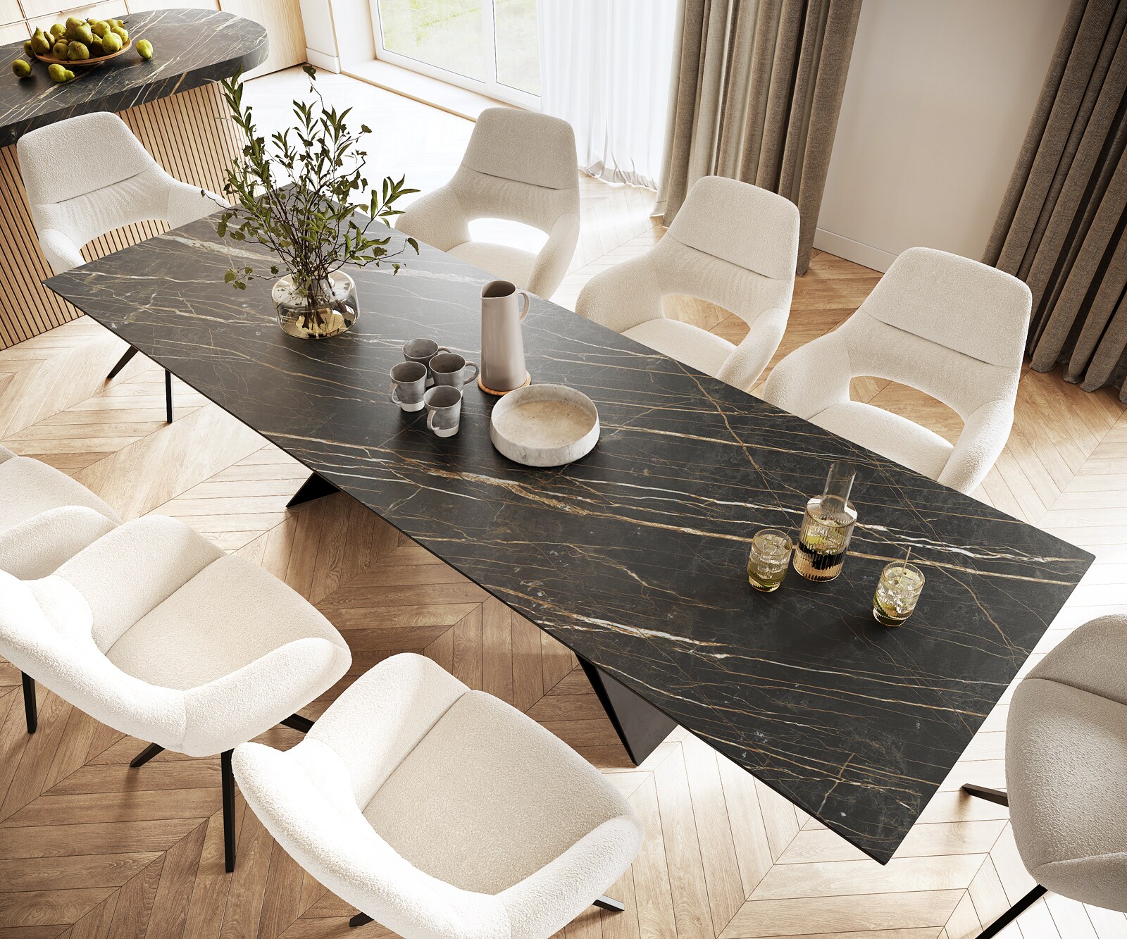 Esstisch Edge 300x100cm Keramik Laminam®Noir Desir Braun V-Mittelfuß Schwarz 3