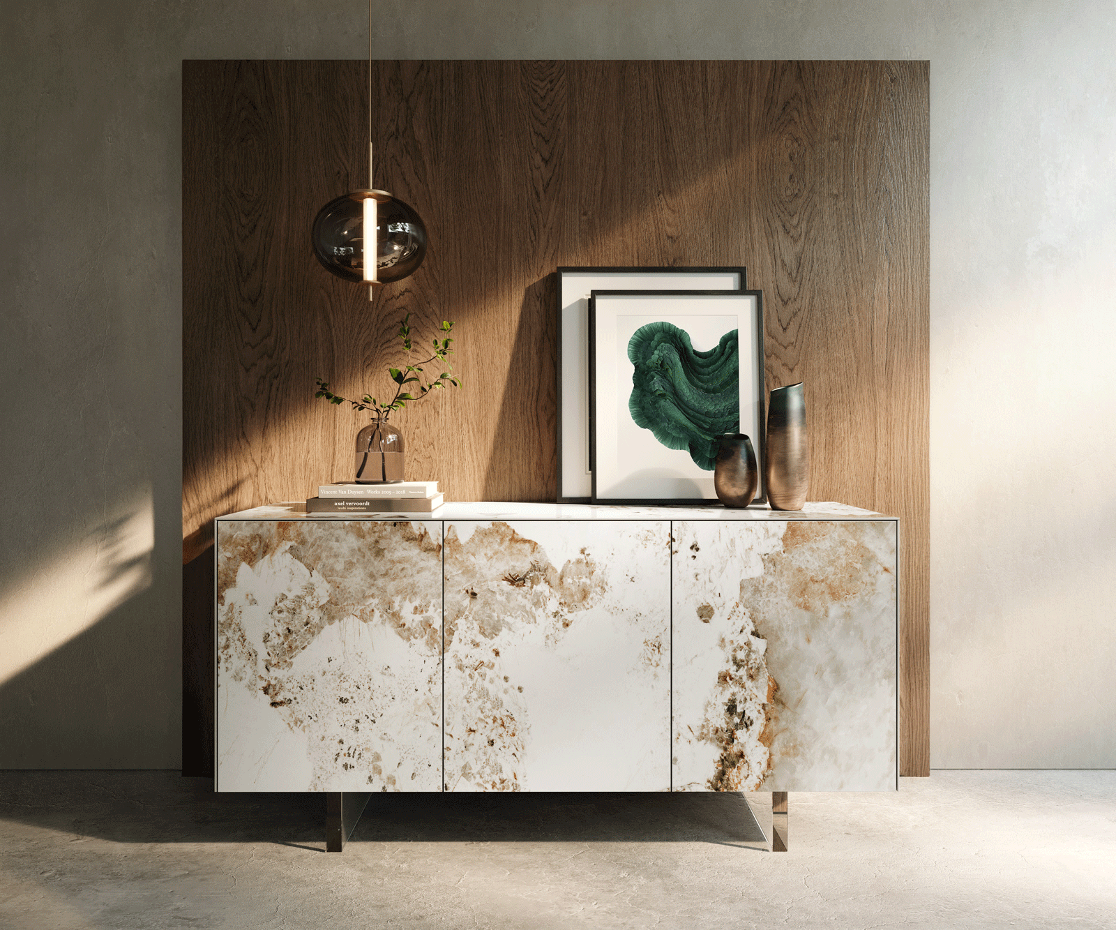 Buffet Cuor 150 cm Céramique Minas Melange Blanc-beige 3 Portes Pied optique flottant Verre acrylique 2