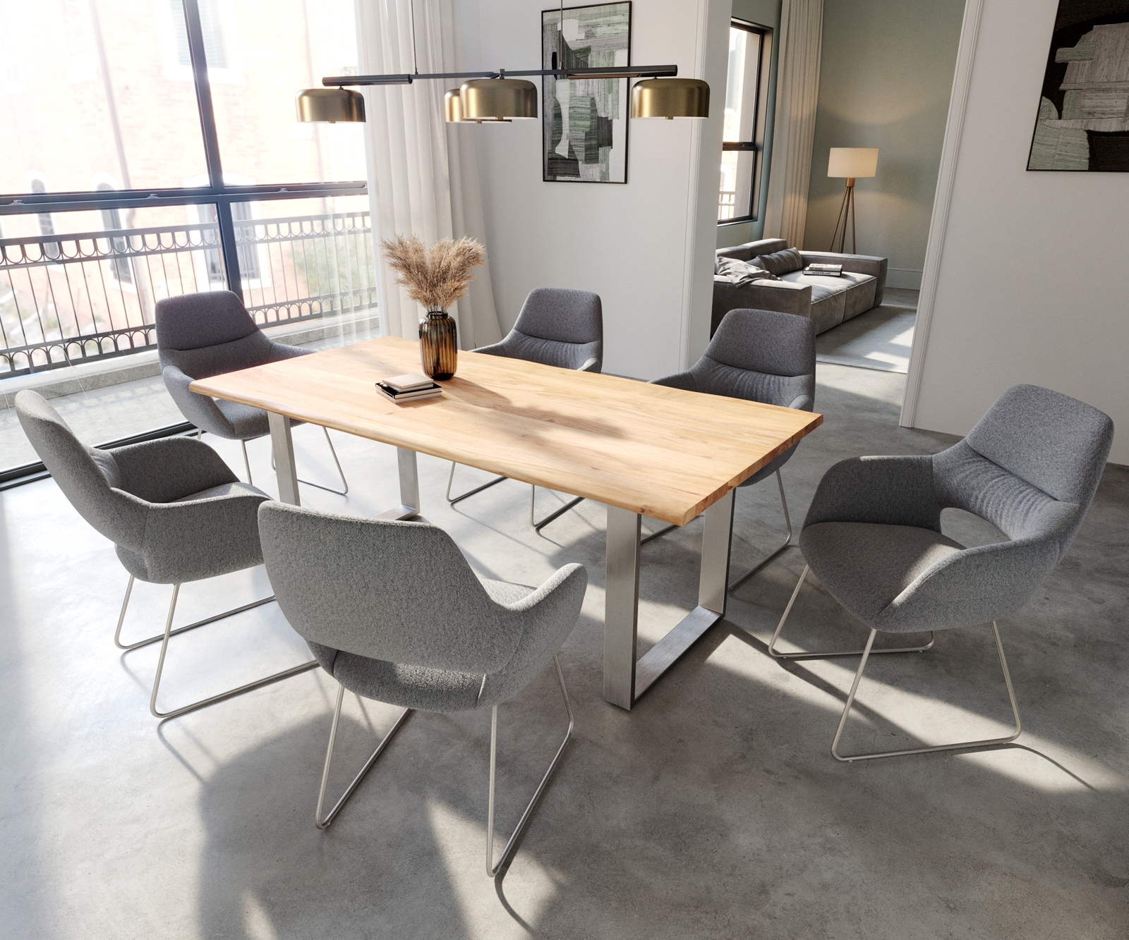 Esszimmerstuhl Yago-Flex mit Armlehnen Strukturstoff Hellgrau Kufengestell Edelstahl Taschenfederkern 3 Esszimmerstuhl Yago-Flex mit Armlehnen Strukturstoff Hellgrau Kufengestell Edelstahl Taschenfederkern 3