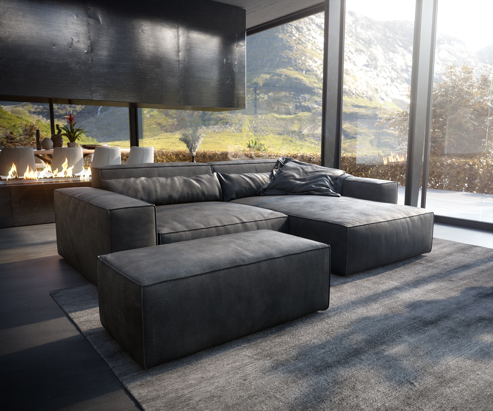 Ecksofa Sirpio XL 270x170 cm Lederimitat Vintage Anthrazit Recamiere variabel mit Hocker Ecksofa Sirpio XL 270x170 cm Lederimitat Vintage Anthrazit Recamiere variabel mit Hocker