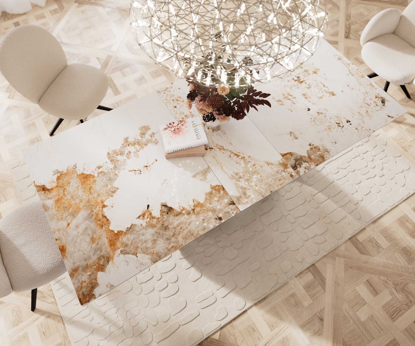 Esstisch Edge 180-220x100 Keramik Minas Melange Weiß-Beige W-Gestell Effektfinish Titan Ausziehbar 5