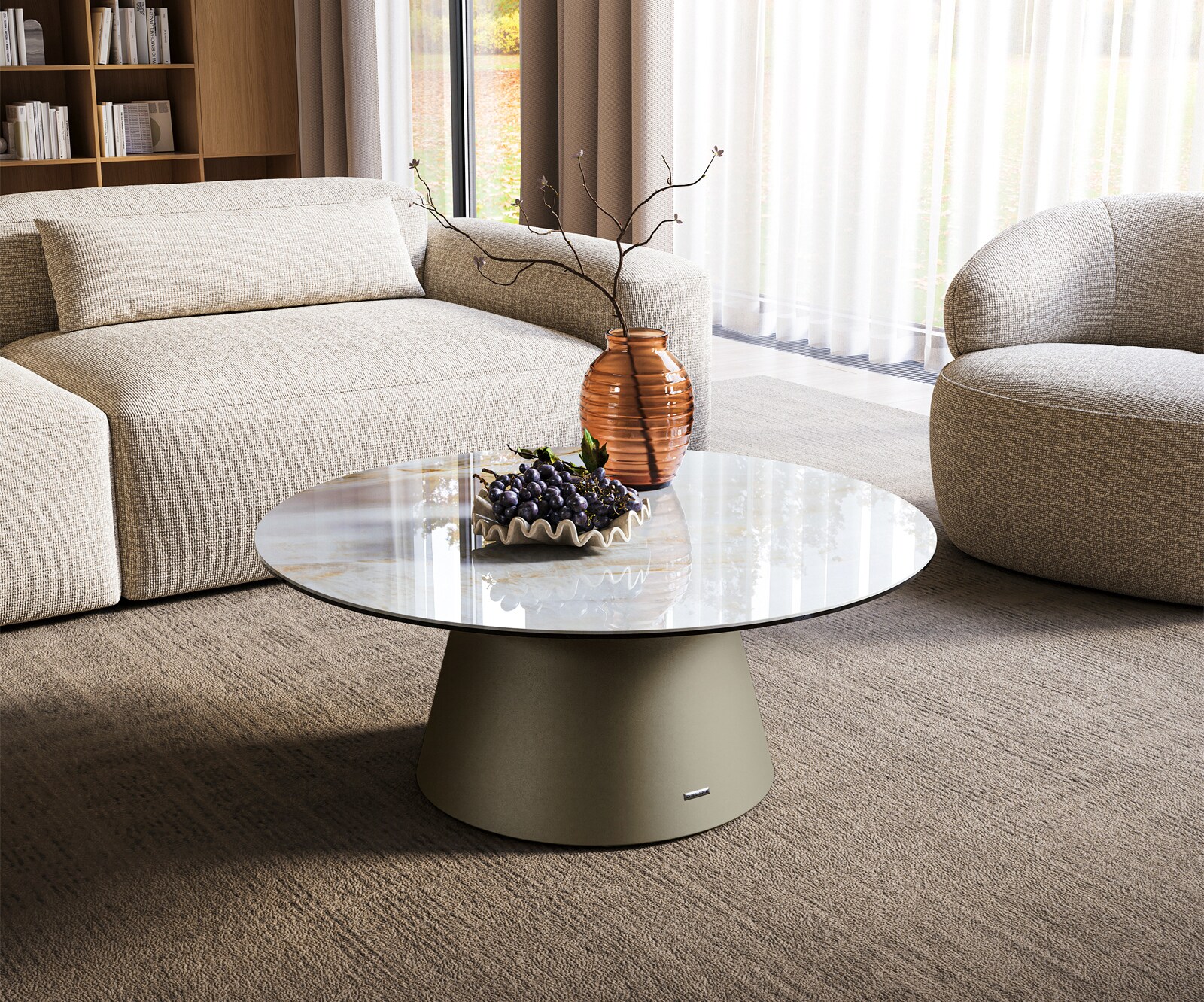 Couchtisch Edge Rund 90x90 cm Keramik Onyx Pearl Borna Effektfinish Titan 1