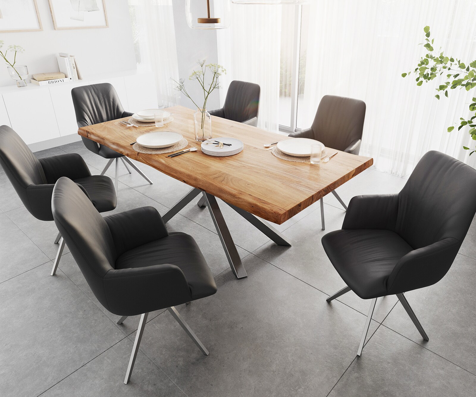 Table à manger Edge 200x100 XL Acacia Naturel cadre croisé Rectangle Acier inoxydable Live-Edge 5