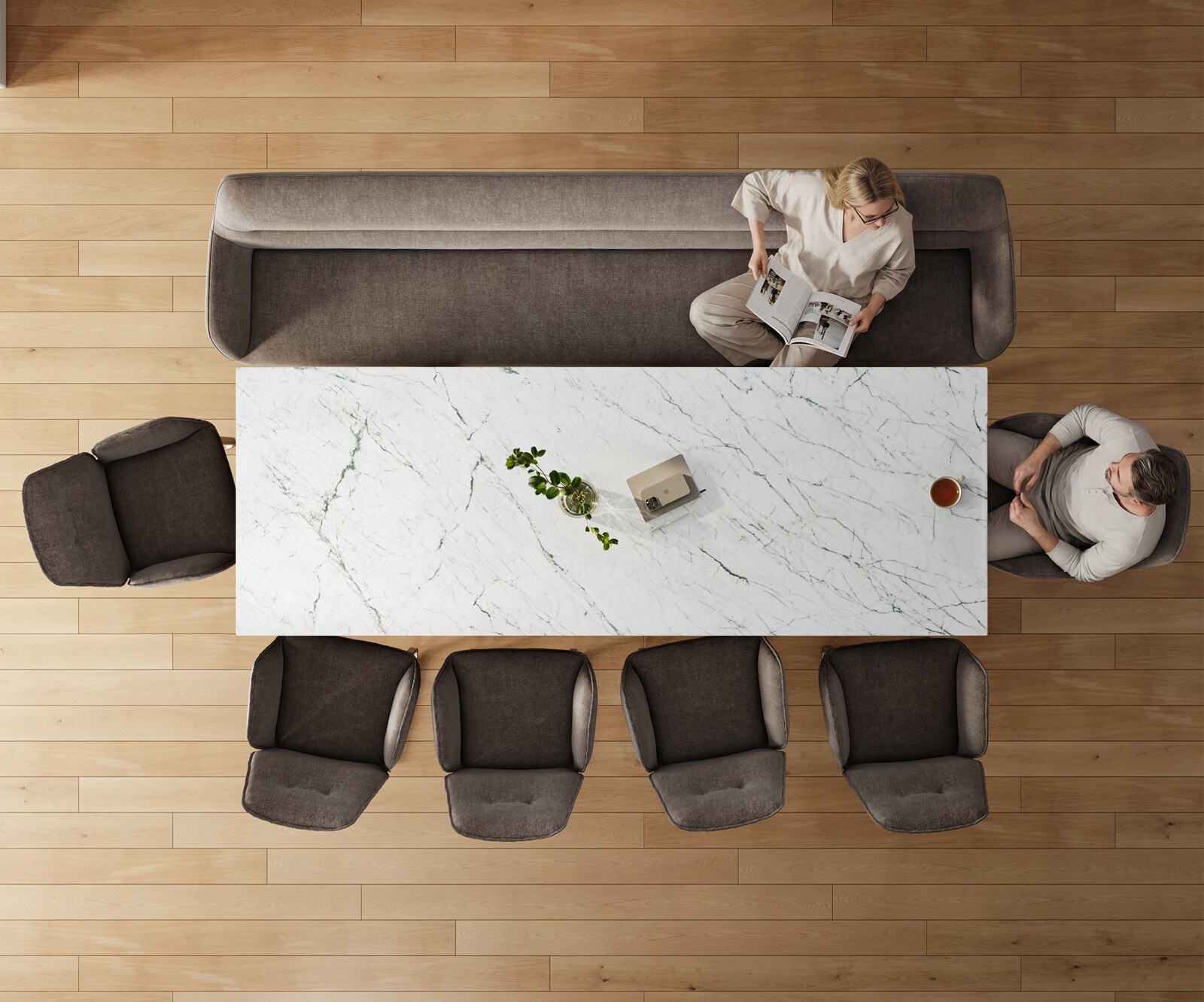 Banc-de-salle-à-manger Taya-Flex 300 cm tissu structuré doux taupe piètement à patins angulaire acier inoxydable ressort ensaché 5