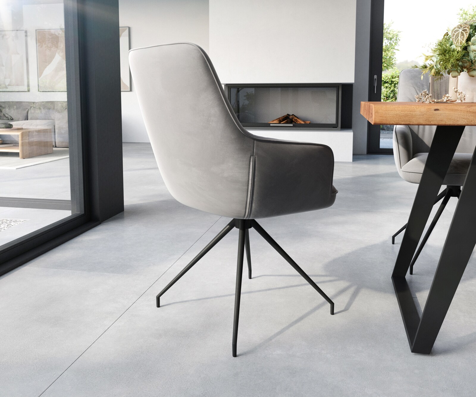 Chaise-de-salle-à-manger Zelia-Flex avec accoudoirs velours gris pied croisé conique noir ressorts ensachés 4