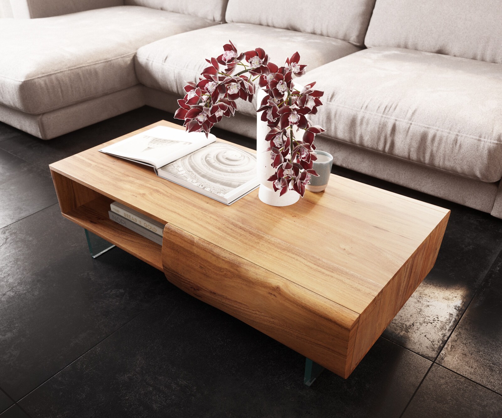 Couchtisch New Live-Edge 115x60 cm Akazie Natur 2 Schubladen 1 Fach Glasfuß schwebend 3