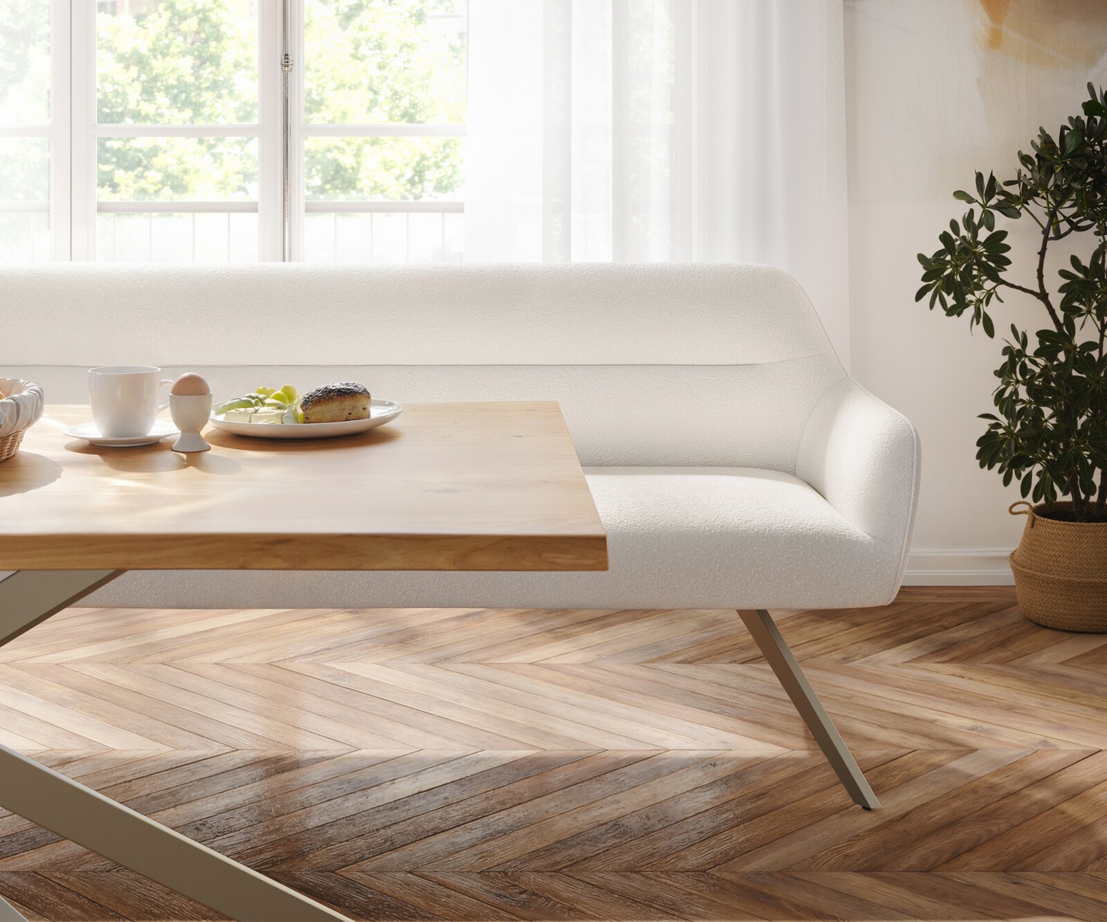 Esszimmerbank Taya-Flex 200 cm Bouclé Creme-Weiß Kreuzgestell kantig Effektfinish Titan Taschenfederkern 4