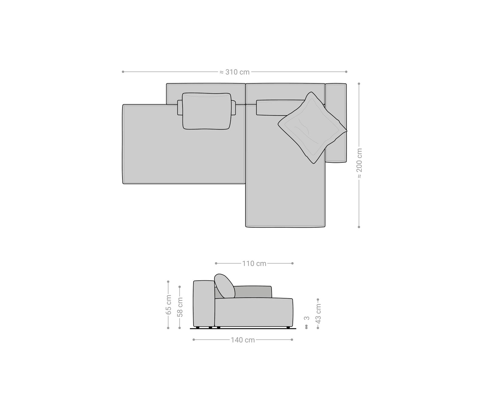 Canapé d'angle Freestyle 310x200 cm Tissu structuré doux Gris couture plate 7