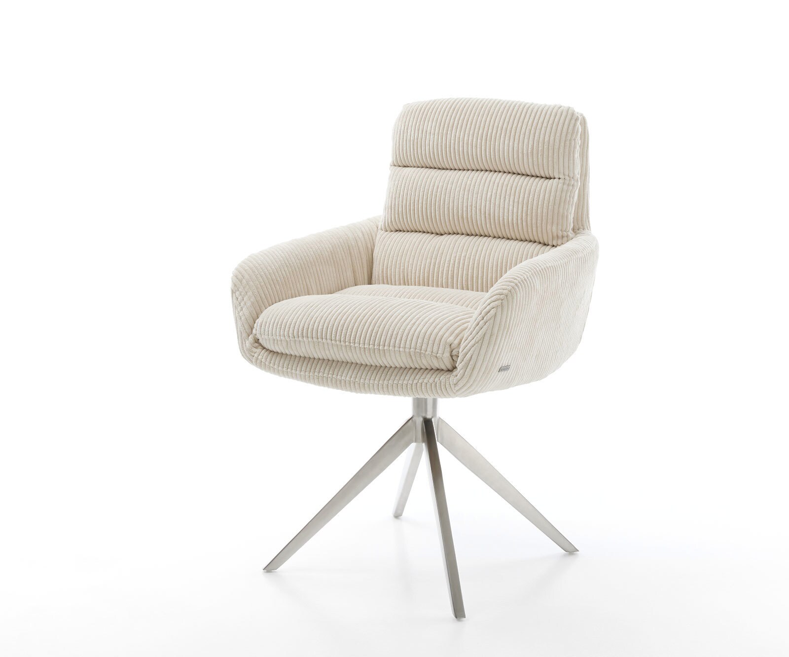 Drehstuhl Abelia-Flex mit Armlehnen Cord Beige Kreuzgestell breit Edelstahl 360° drehbar