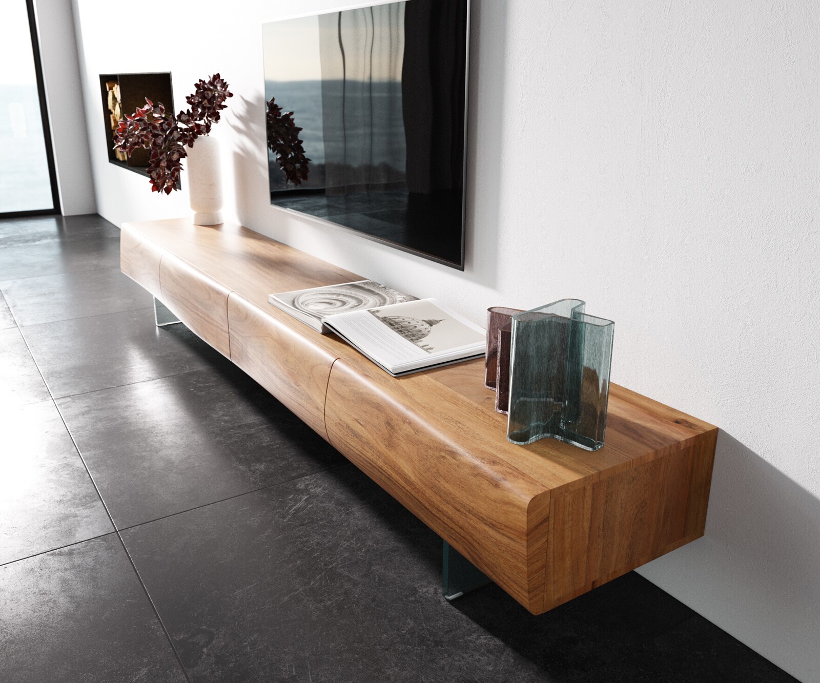 Meuble -TV New Live-Edge 240 cm acacia naturel 4 tiroirs pied en verre 1