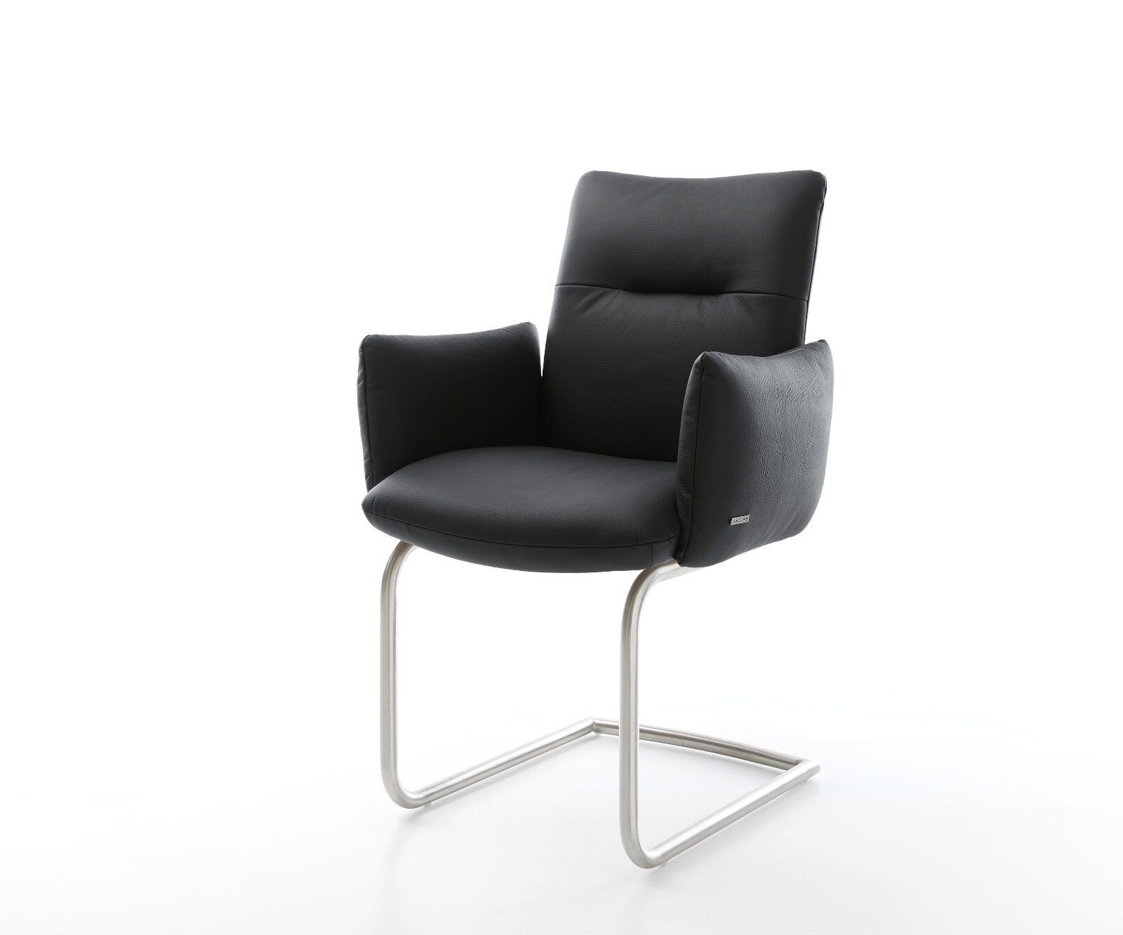 Cantilever Jova-Flex avec accoudoirs cuir de vache noir pied cantilever rond acier inoxydable brossé ressorts ensachés 1