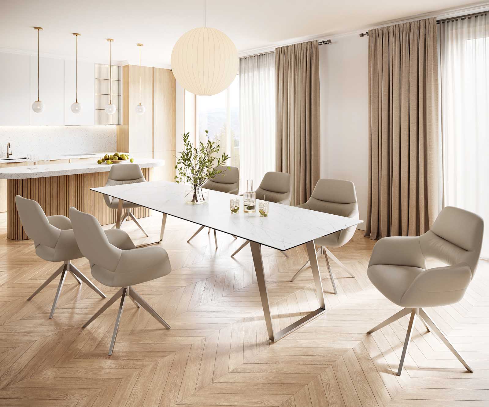 Table-à-manger Edge 300x100 céramique Laminam® statuarietto blanc inox incliné 6