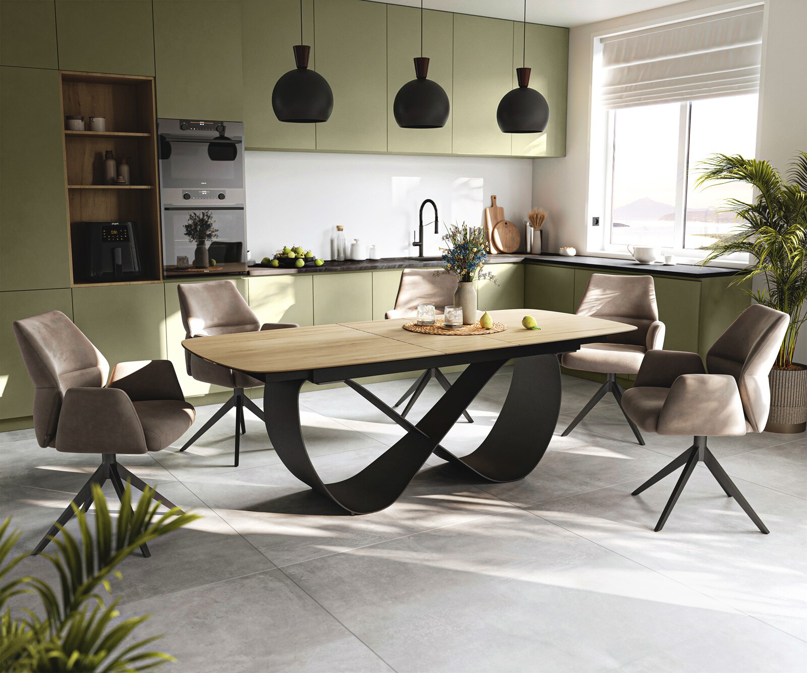 Table à manger Edge Boot 180-220x100 cm Céramique Laminam® Sabbia Eichefarbig Infinity Métal Noir extensible 6