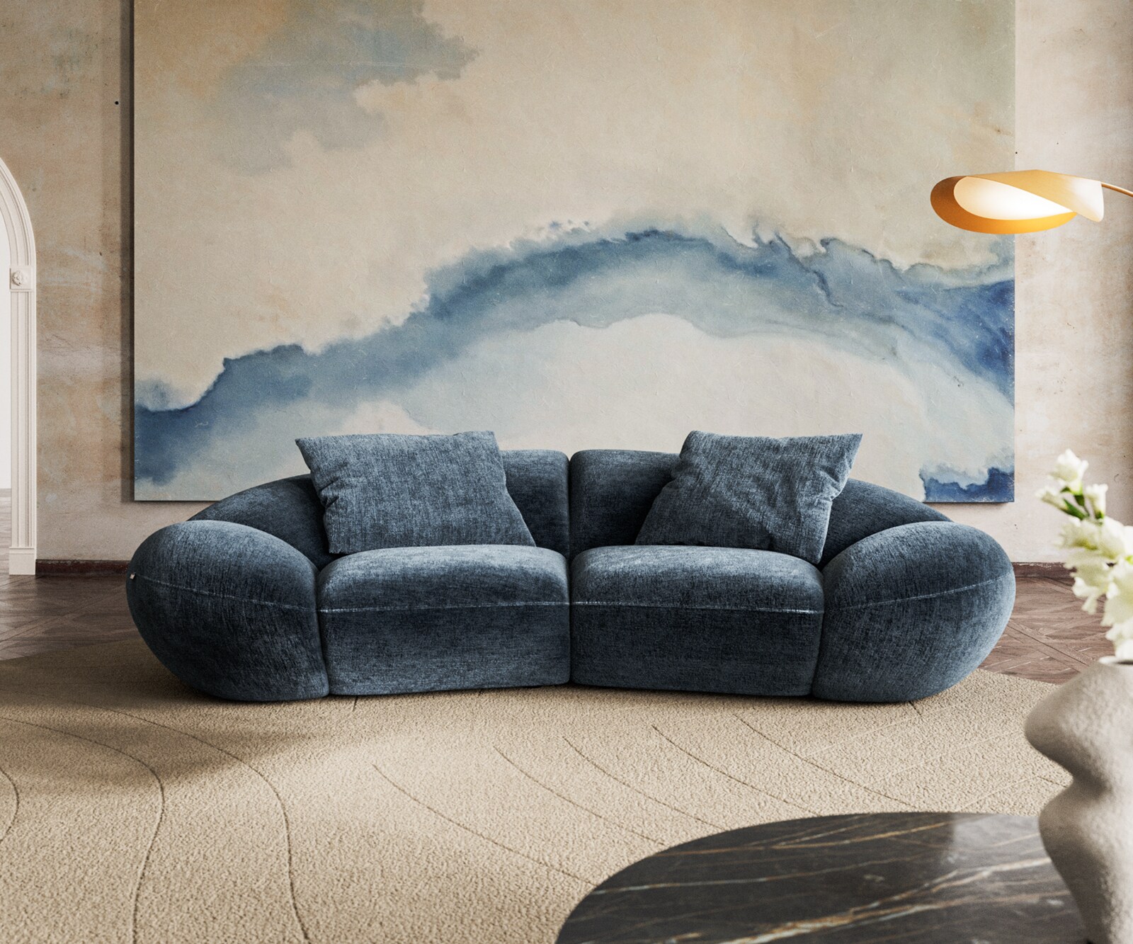 Grand canapé Lunna 360x175 cm chenille bleu 2 coussins 3