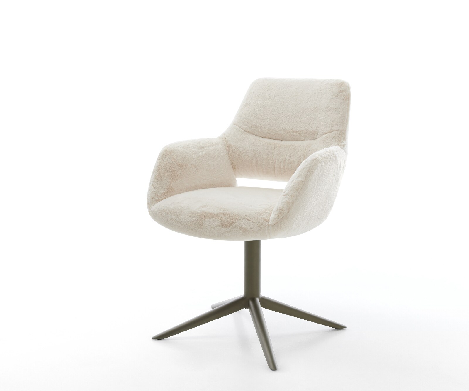 Chaise-pivotante Yago-Flex avec accoudoirs peluche crème-blanc pied de chaise 4 branches aspect titane pivotement sur 360° fonction bascule resorts ensachés