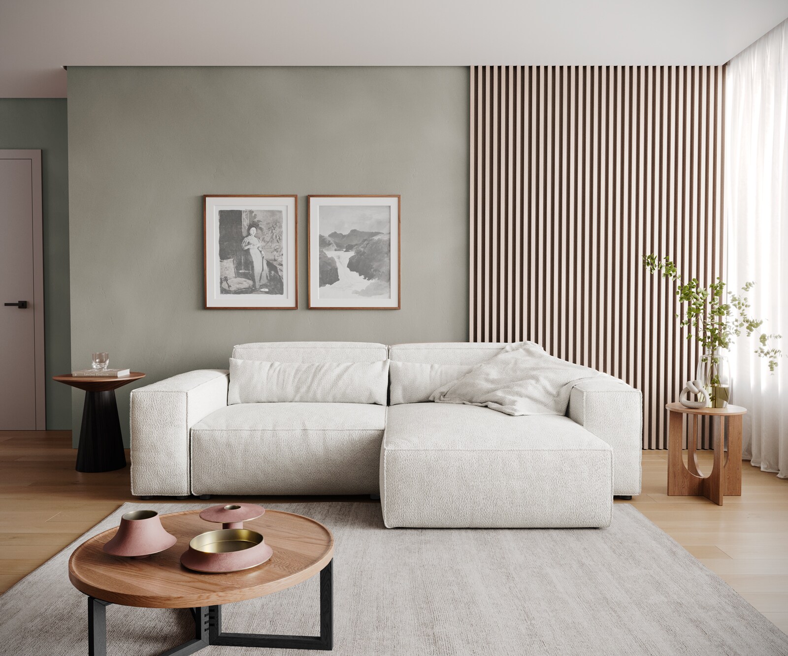 Canapé d'angle Sirpio 230x155 cm Bouclee Crème-blanc Recamiere variable 1
