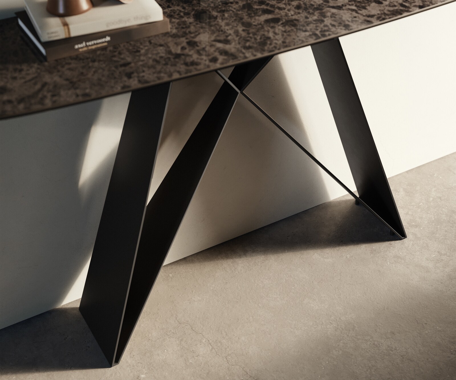 Console Edge forme bateau 140x40 cm Céramique Emperador Extra Lucidato Dunkelbraun Velio Métal Noir 6