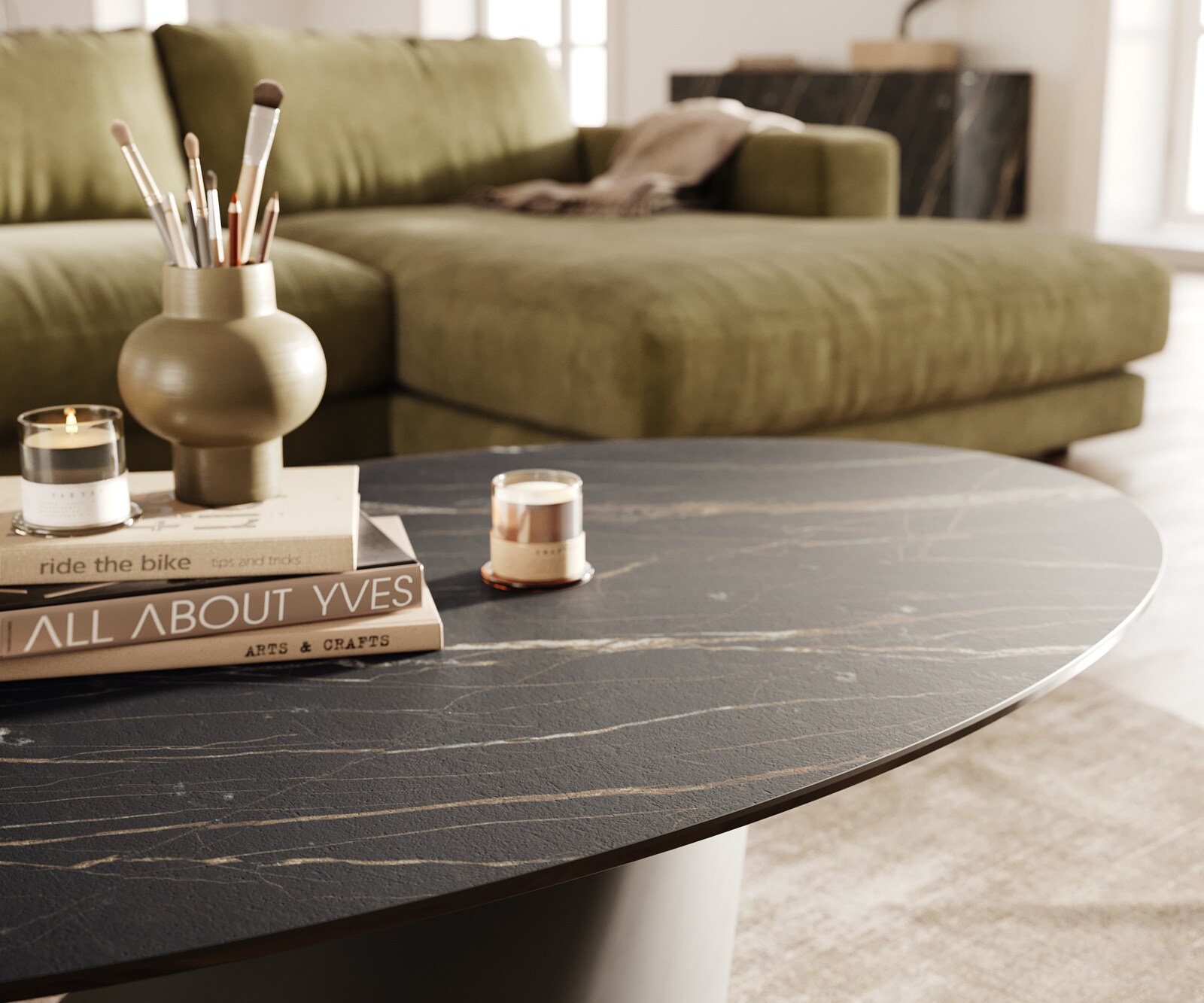 Table basse Edge Oval 140x80 cm céramique Laminam® Noir Desir brun Conis métal noir 5