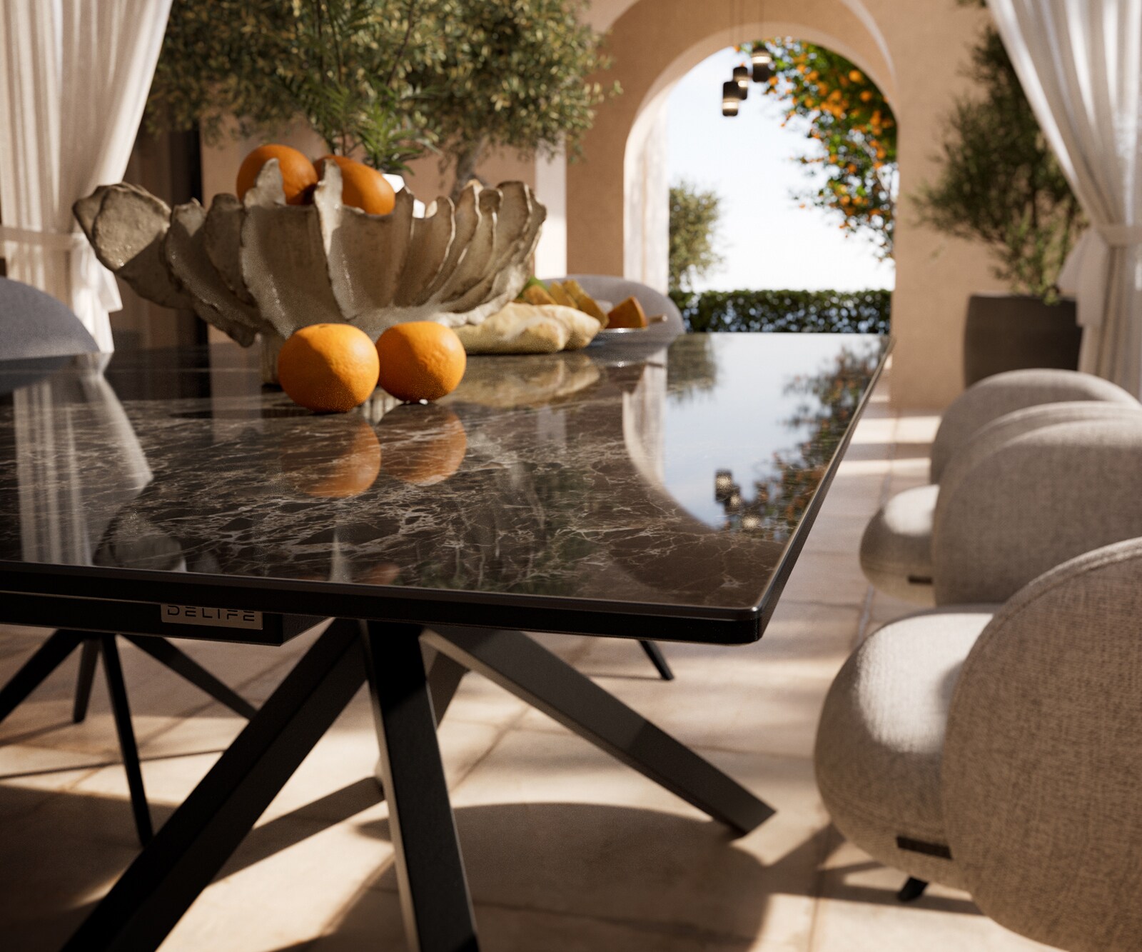 Table d’extérieur Edge 200x100 cm céramique Laminam® Emperador Extra Lucidato brun foncé piètement croisé rectangulaire noir 2